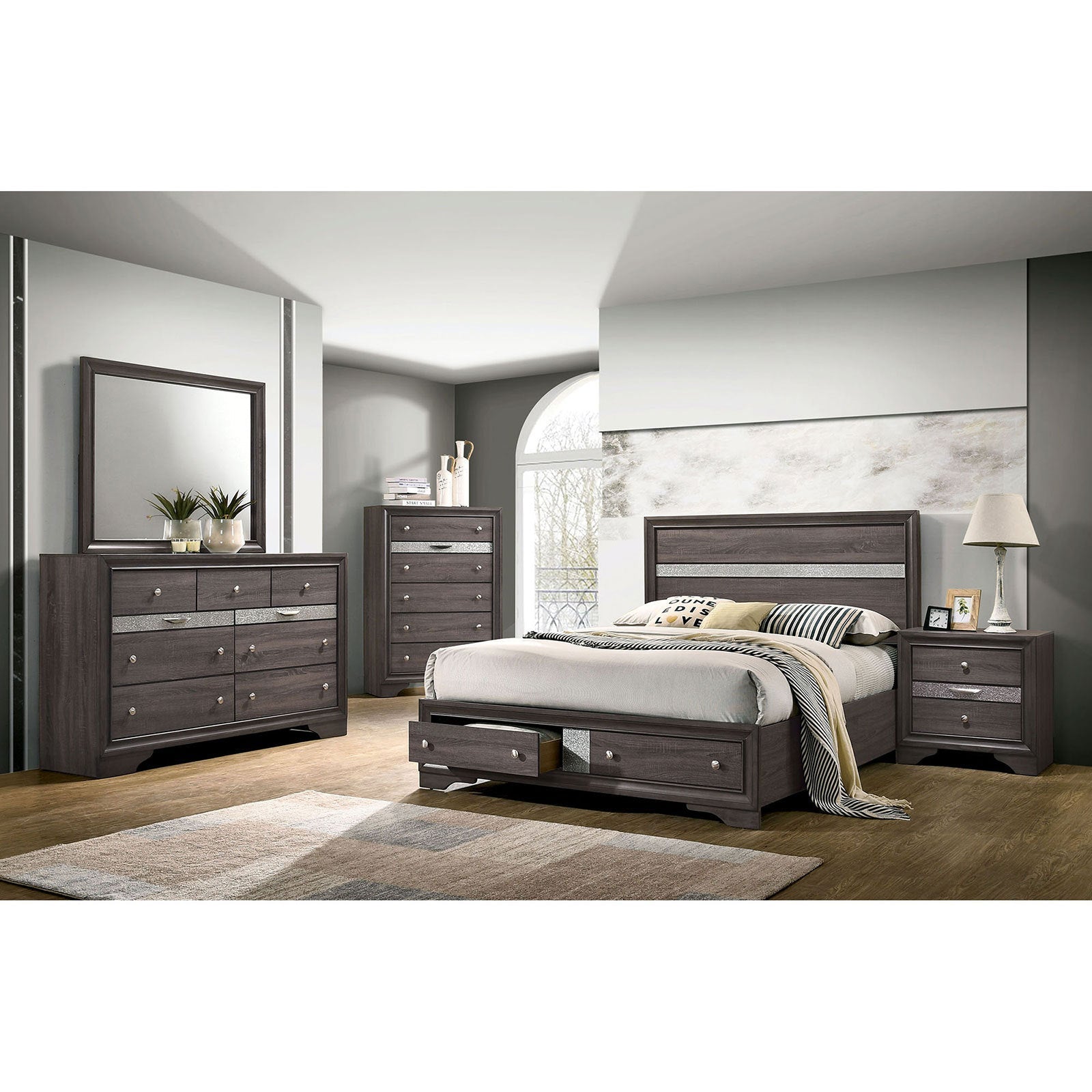 Contemporary Gray Color Panel Headboard 1pc Queen Size Bed w Drawers Beautiful Bedroom Furniture
