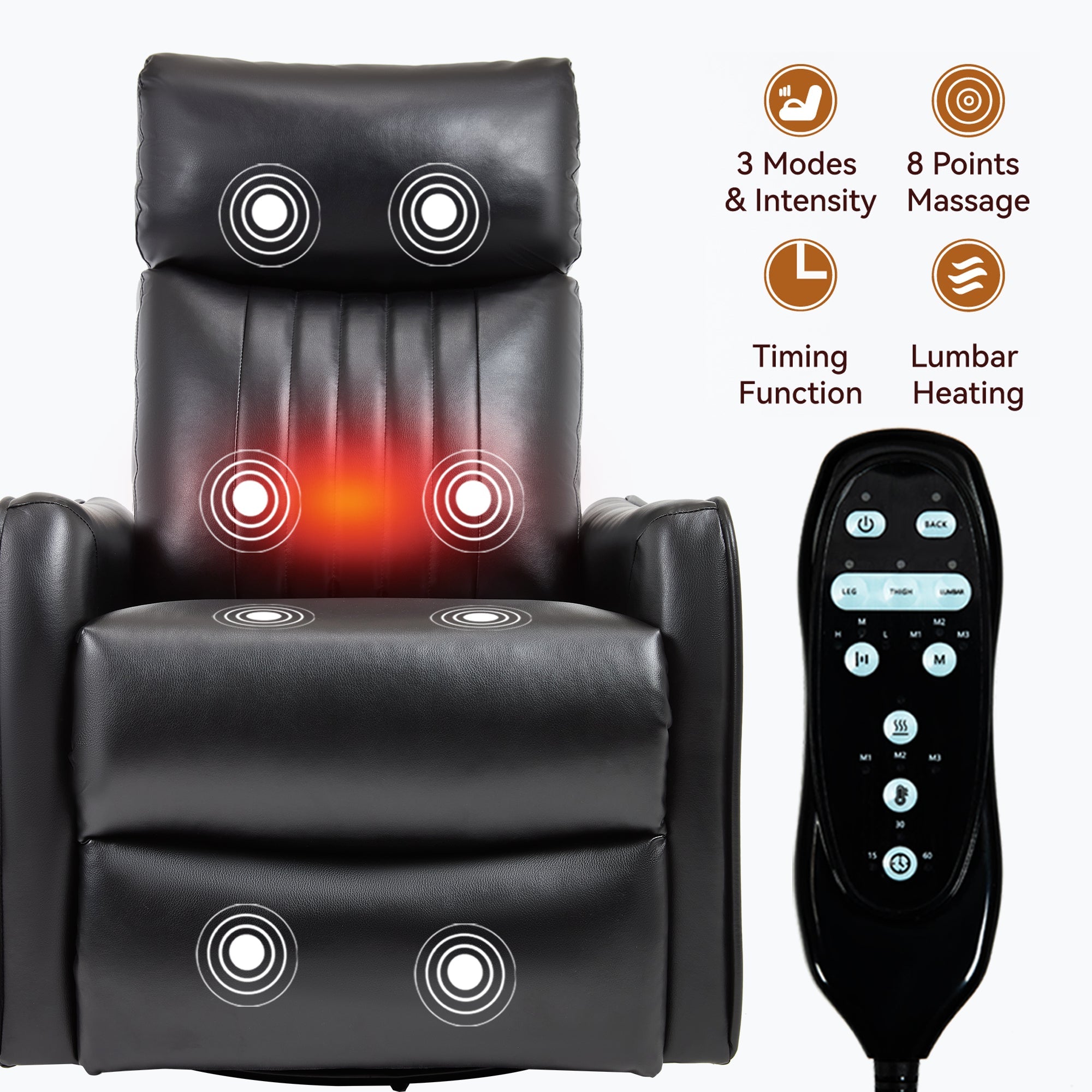 Black Faux Leather Heat Massage Manual Recliner Chair with Rocker and Swivel for Living Room