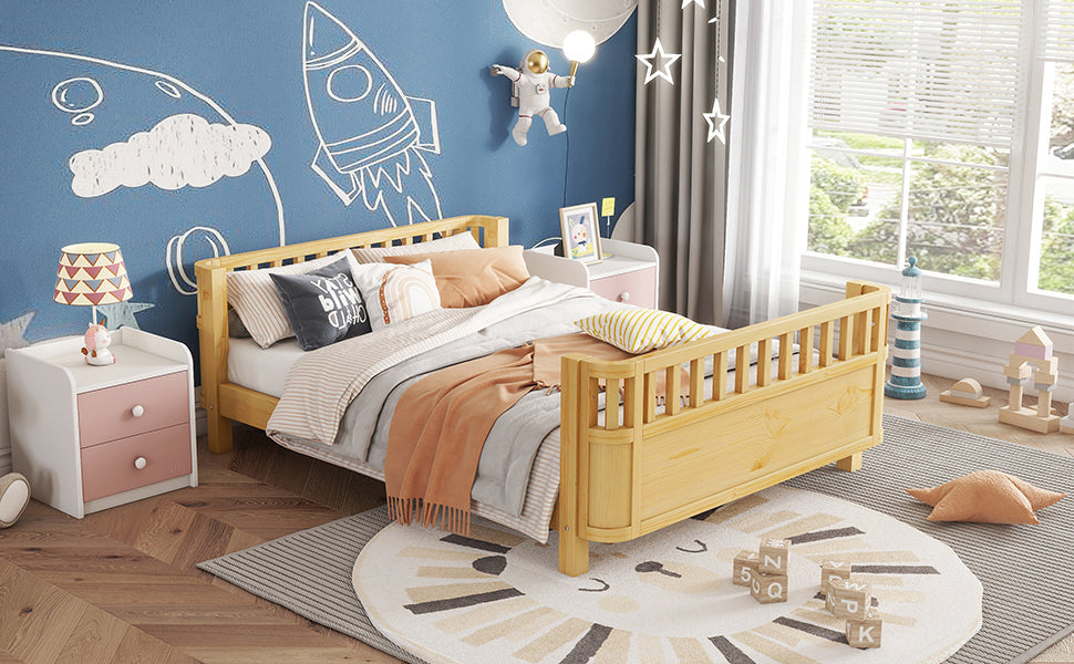 Full Size Wood Platform Bed for Kids, Wood Low Profile Full Bed with Rails for Girls and Boys, Natural (Patented Design, Old SKU W2593P233781)