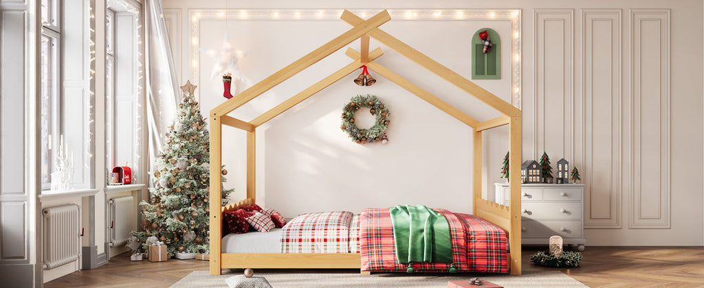 Queen House Floor Bed with Support Slats, Solid Wood House Bed Frame for Kids, No Box Spring Needed and Opening Constructure, Natural