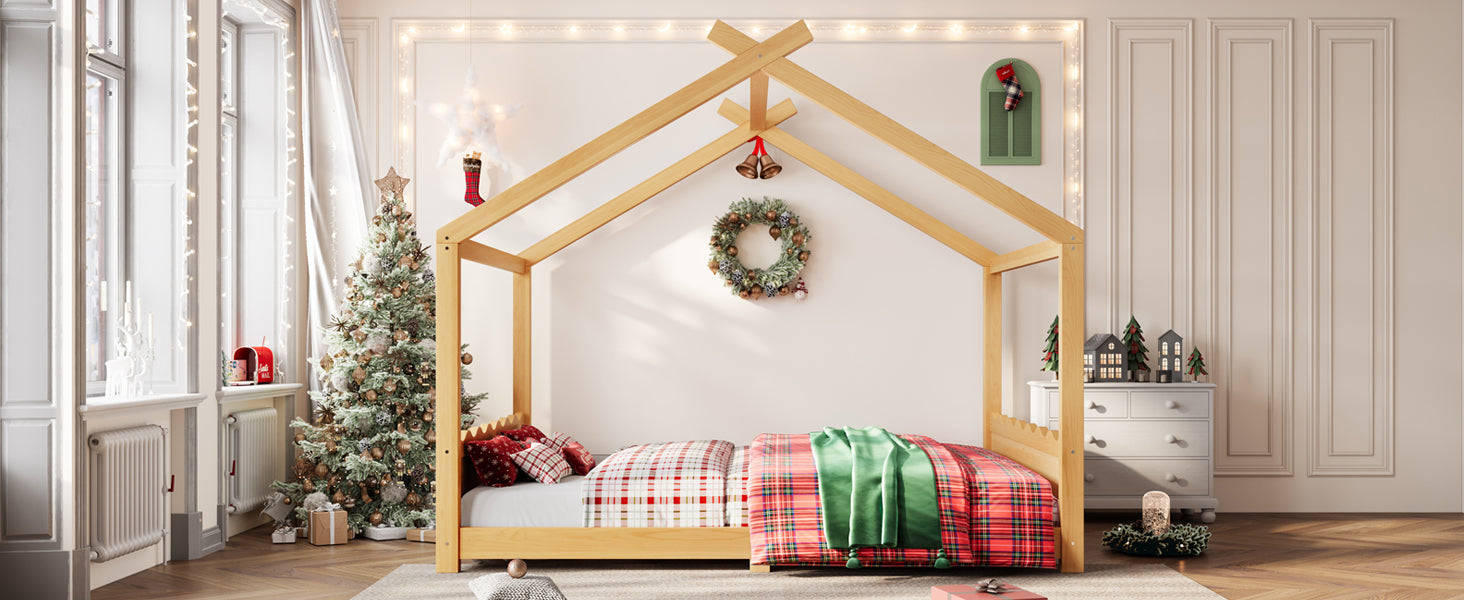 Queen House Floor Bed with Support Slats, Solid Wood House Bed Frame for Kids, No Box Spring Needed and Opening Constructure, Natural