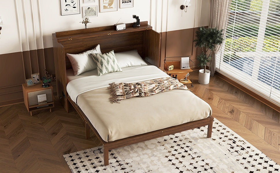 Queen Size Murphy Bed, Pine Wood Cabinet Bed with Power Station and Rattan Decoration Panel,Walnut