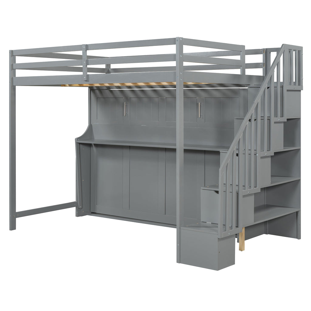 Full Over Full Size Murphy Bed with Hydraulic Lift & Desk Design, Gray