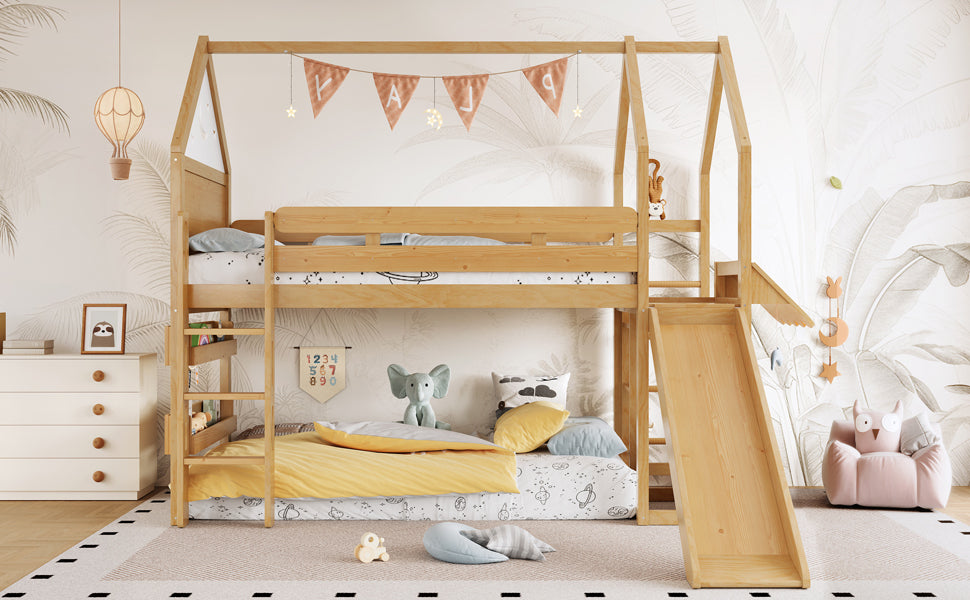 Twin Size Loft Bed with Bookshelf Playful Design for Kids House-Shaped Structure with Slide High-Quality Safety Rails,Natural