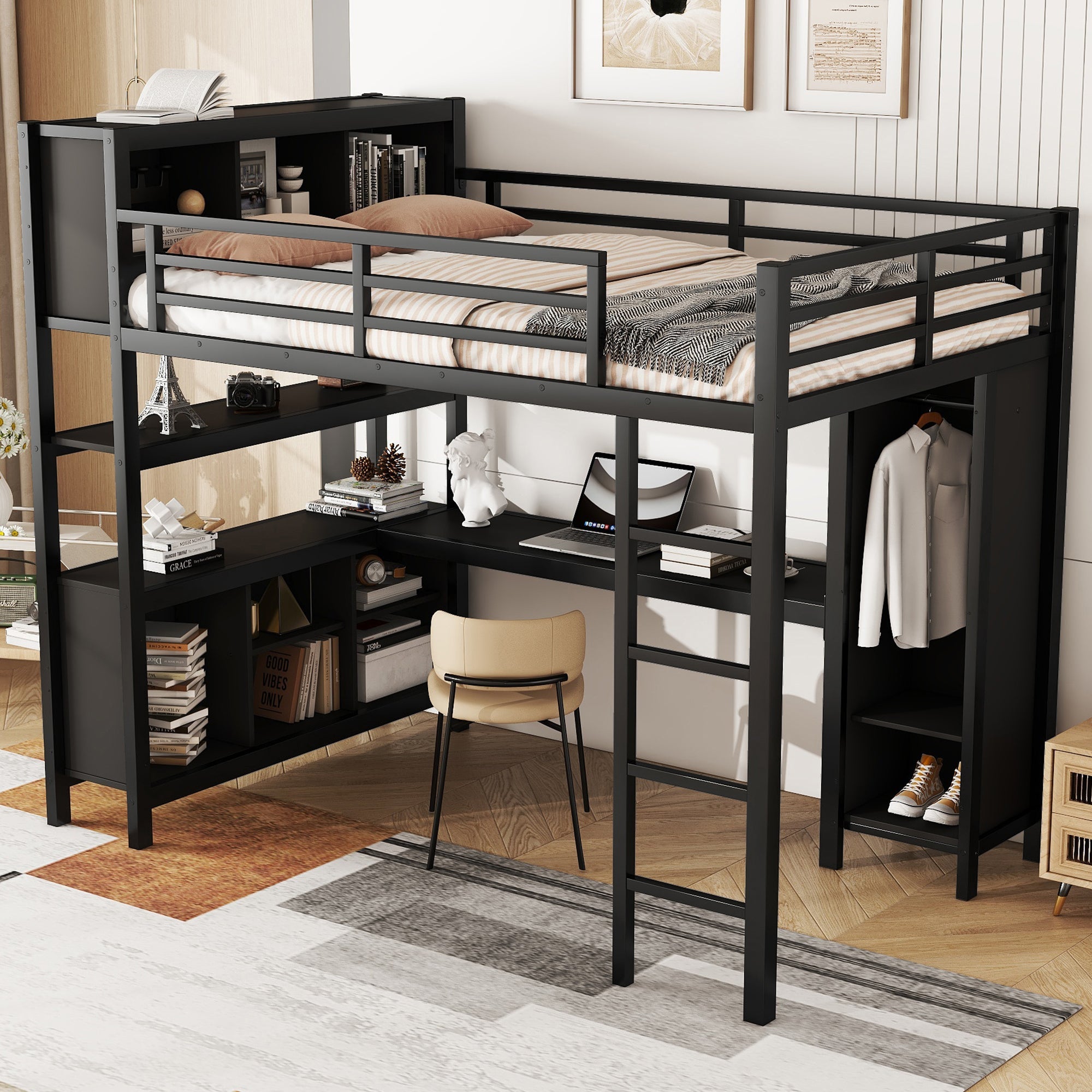 Metal Loft Bed with Wardrobe And L-shaped Desk, Full Size Loft Bed with Storage Cubes and Shelves, Heavy Duty Loft Bed for Kids Teens Adults, Black