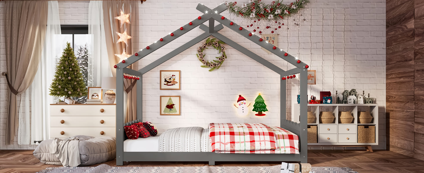 Full House Floor Bed with Support Slats, Solid Wood House Bed Frame for Kids, No Box Spring Needed and Opening Constructure, Gray