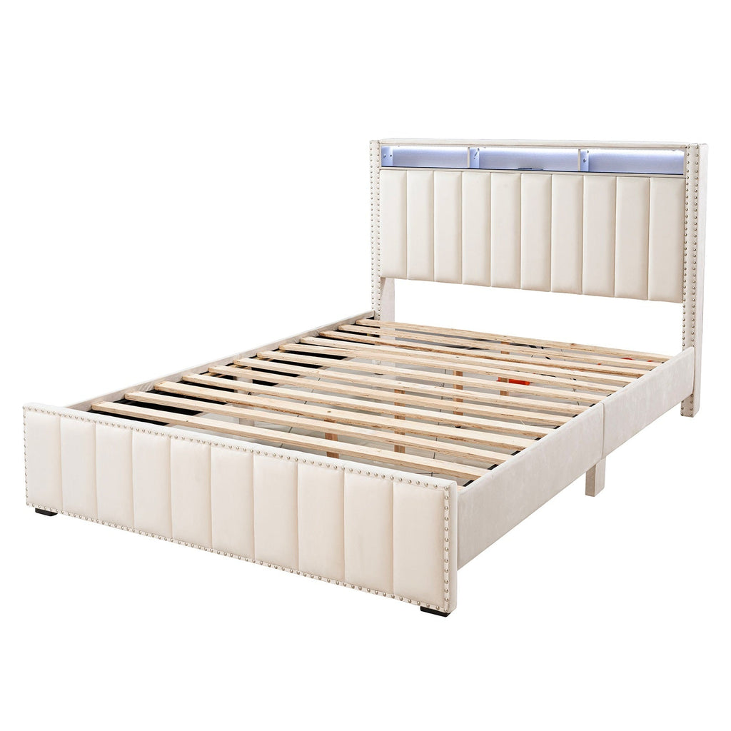 Queen Size Bed 2x Nightstands Bedroom Furniture Contemporary Beige Fabric Upholstered Bedframe w LED Nailhead Trim 3pc Bedroom Set