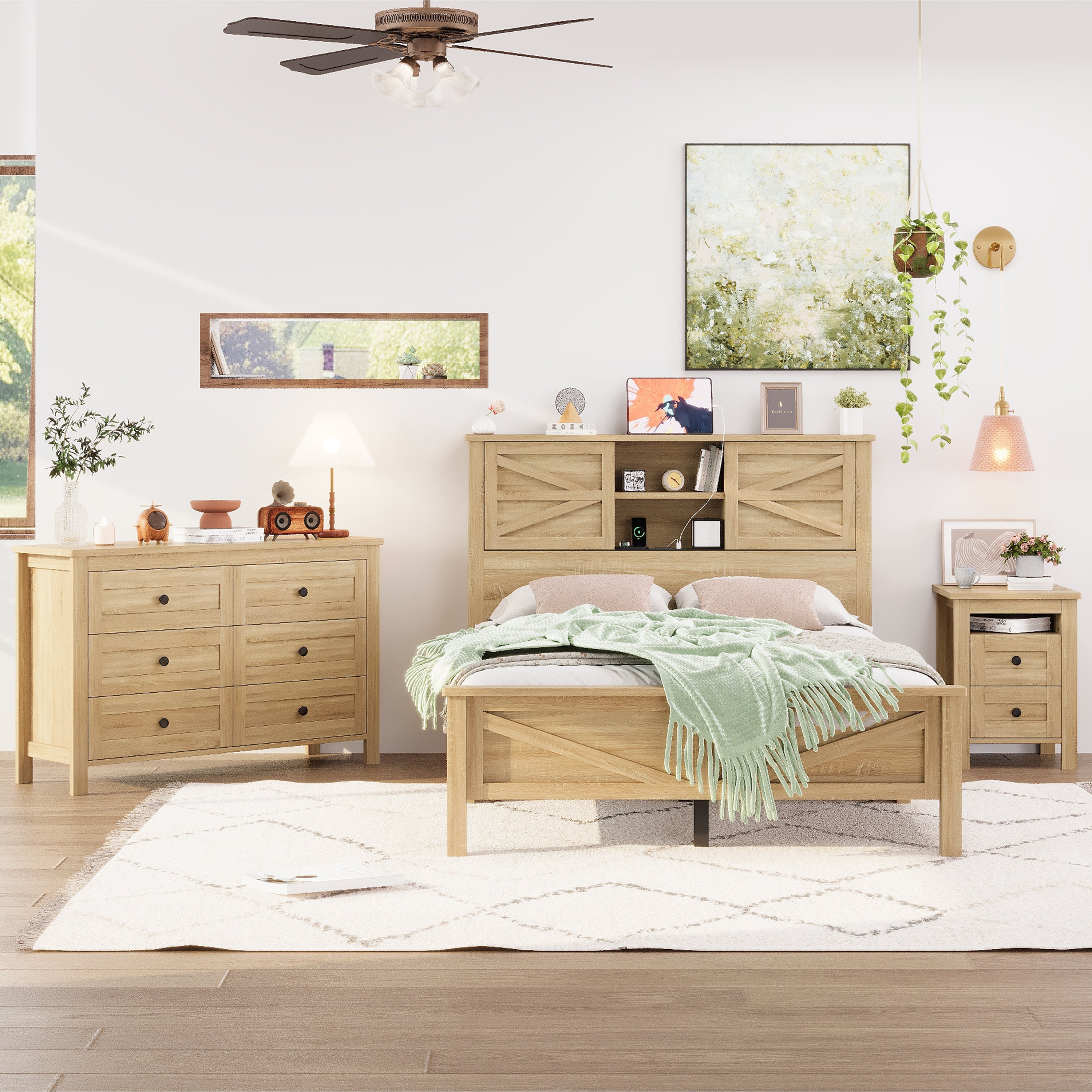 3-Pieces Bedroom Sets Full Size Farmhouse Platform Bed with Double Sliding Door Storage Headboard and Charging Station, Storage Nightstand and Dresser, Natural