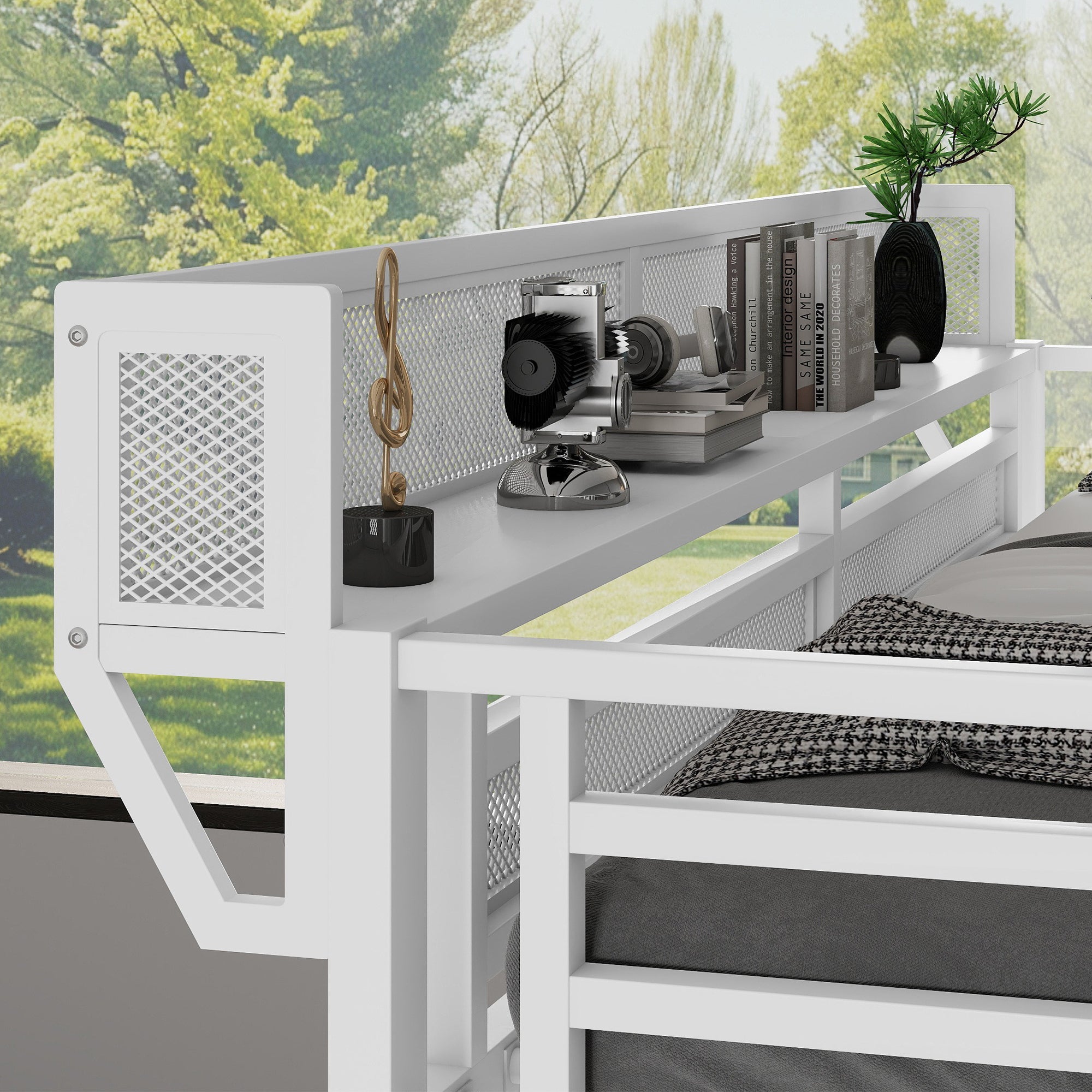 Twin XL Size Loft Bed with Stairs, Metal Full Loft Bed with Storage Shelves, High Loft Bed with Wardrobe for Kids Teens,White(Expect Arrival Date 2025/10/14)