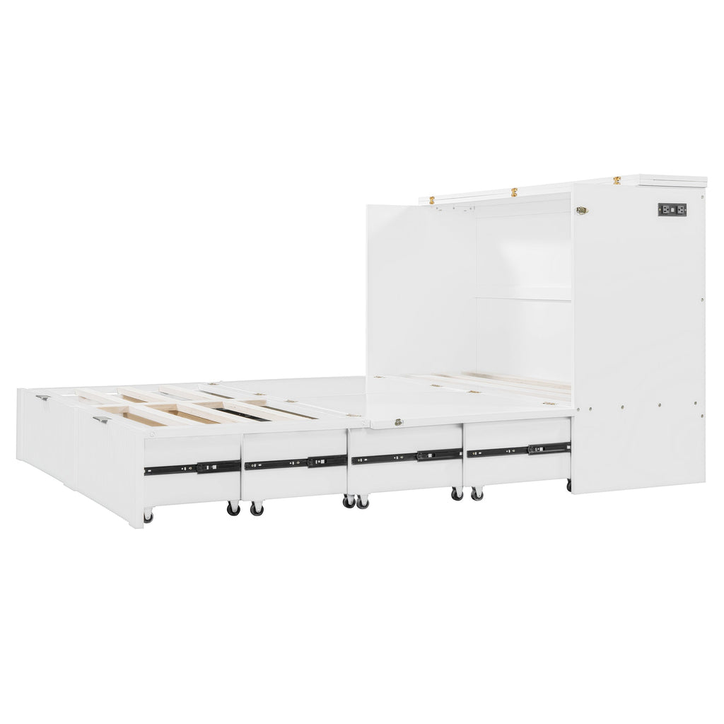Queen Size Murphy  Bed with drawer and a set of Sockets & USB Ports, Pulley Structure Design, White