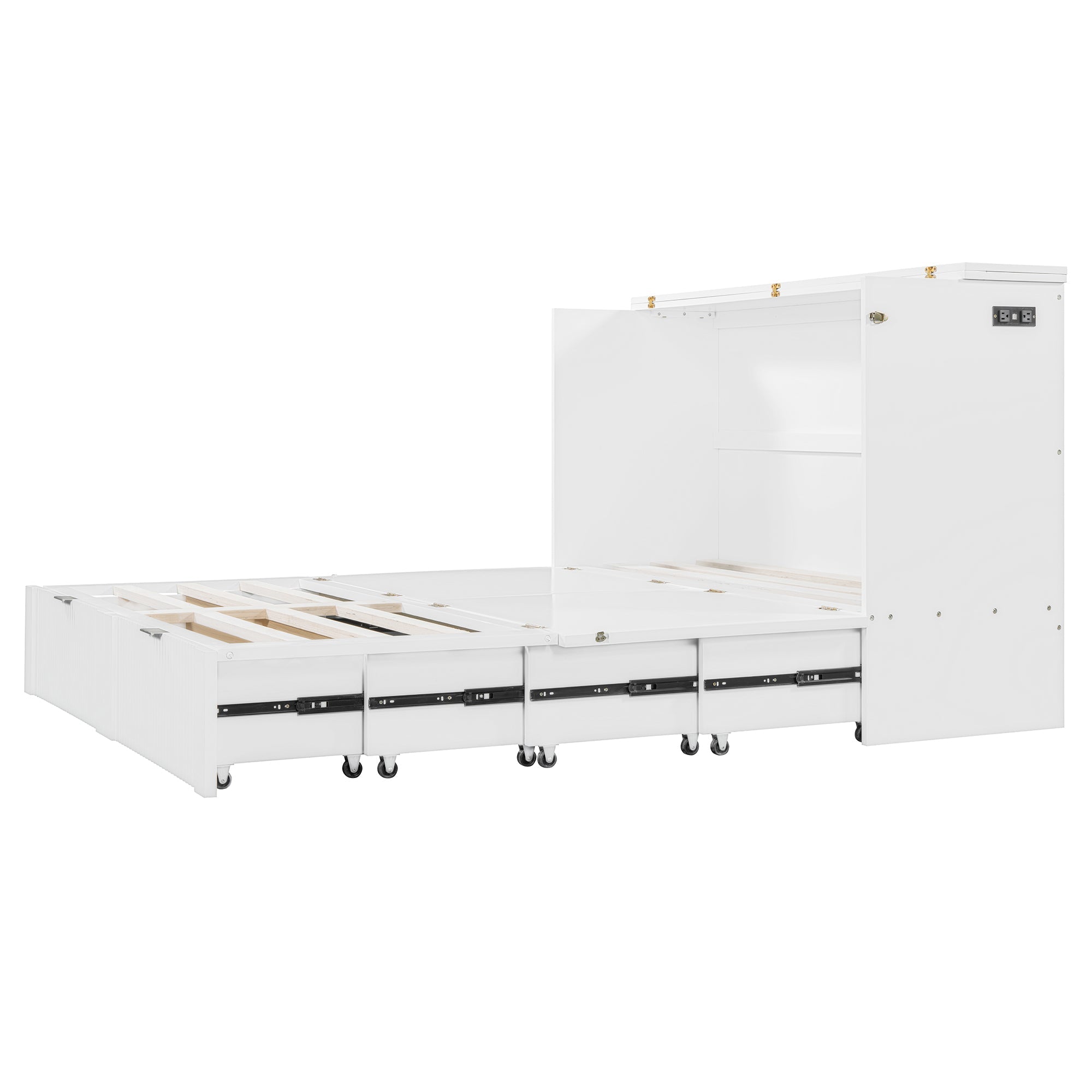 Queen Size Murphy  Bed with drawer and a set of Sockets & USB Ports, Pulley Structure Design, White