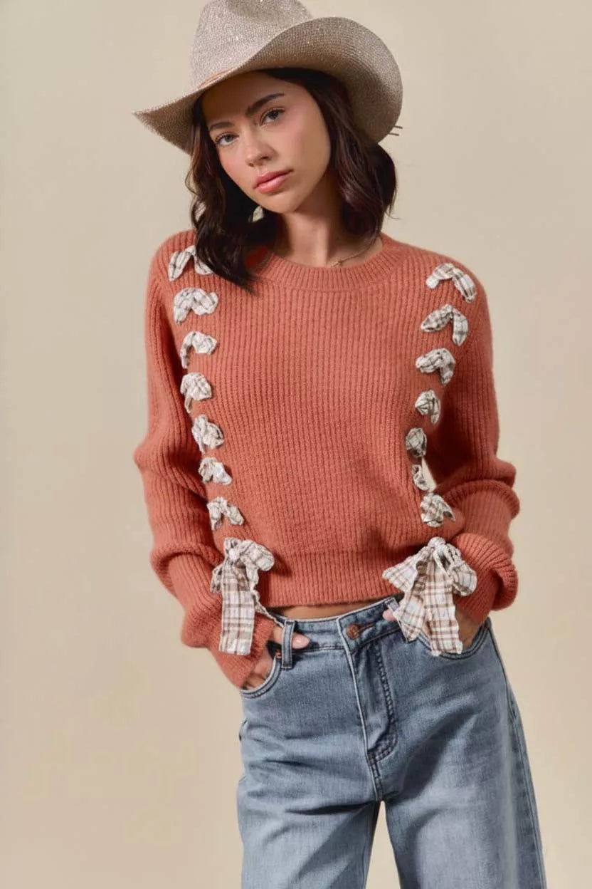 SO ME Checkered Plaid Tape Lace Up Ribbed Sweater