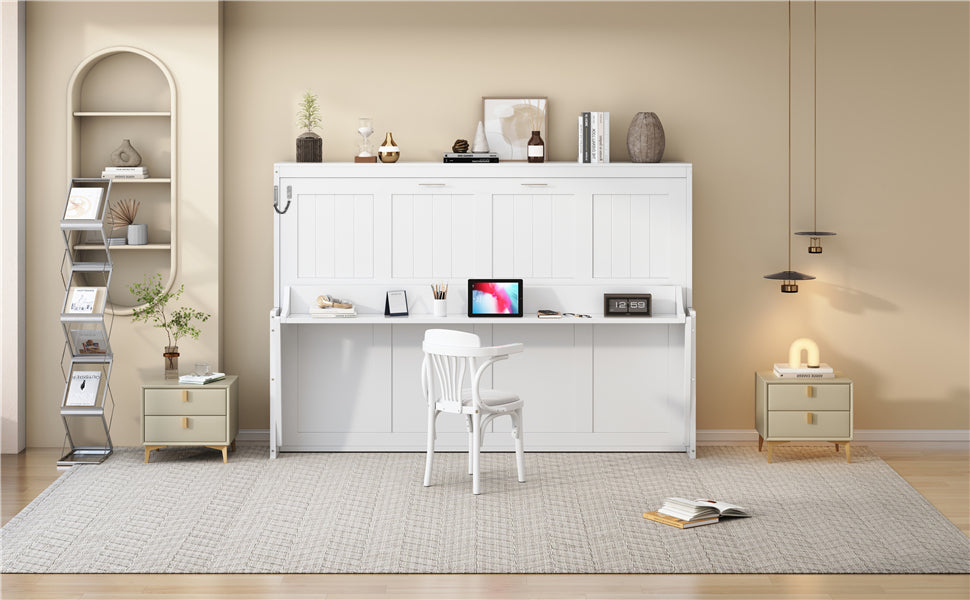 Queen Size Murphy Bed with Hydraulic Lift & Desk Design, White(OLD SKU: N820S00033K)