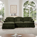 Mid Century Three Seater Modular L Shaped Sectional Couch with Flared Arms and Removable Ruffles Pleats Skirts and Spindle Legs, Comfy Chenille 3-Seat Deep Seat Sofa with Movable Ottoman,Green