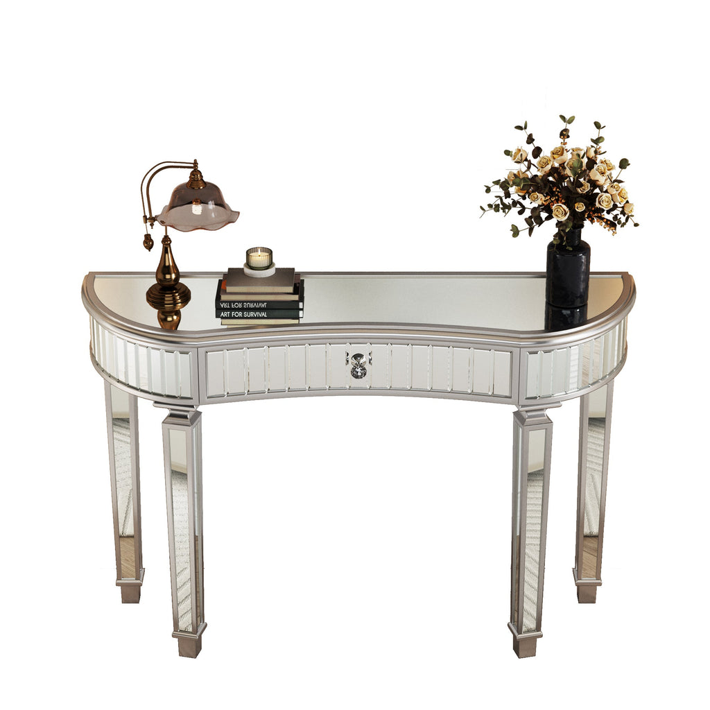 47' Half-Moon Mirrored Console Table with Fluted Glass & Crystal Knob Drawer - Silver Entryway Vanity Desk for Bedroom/Dressing Room(Grey+Sliver)