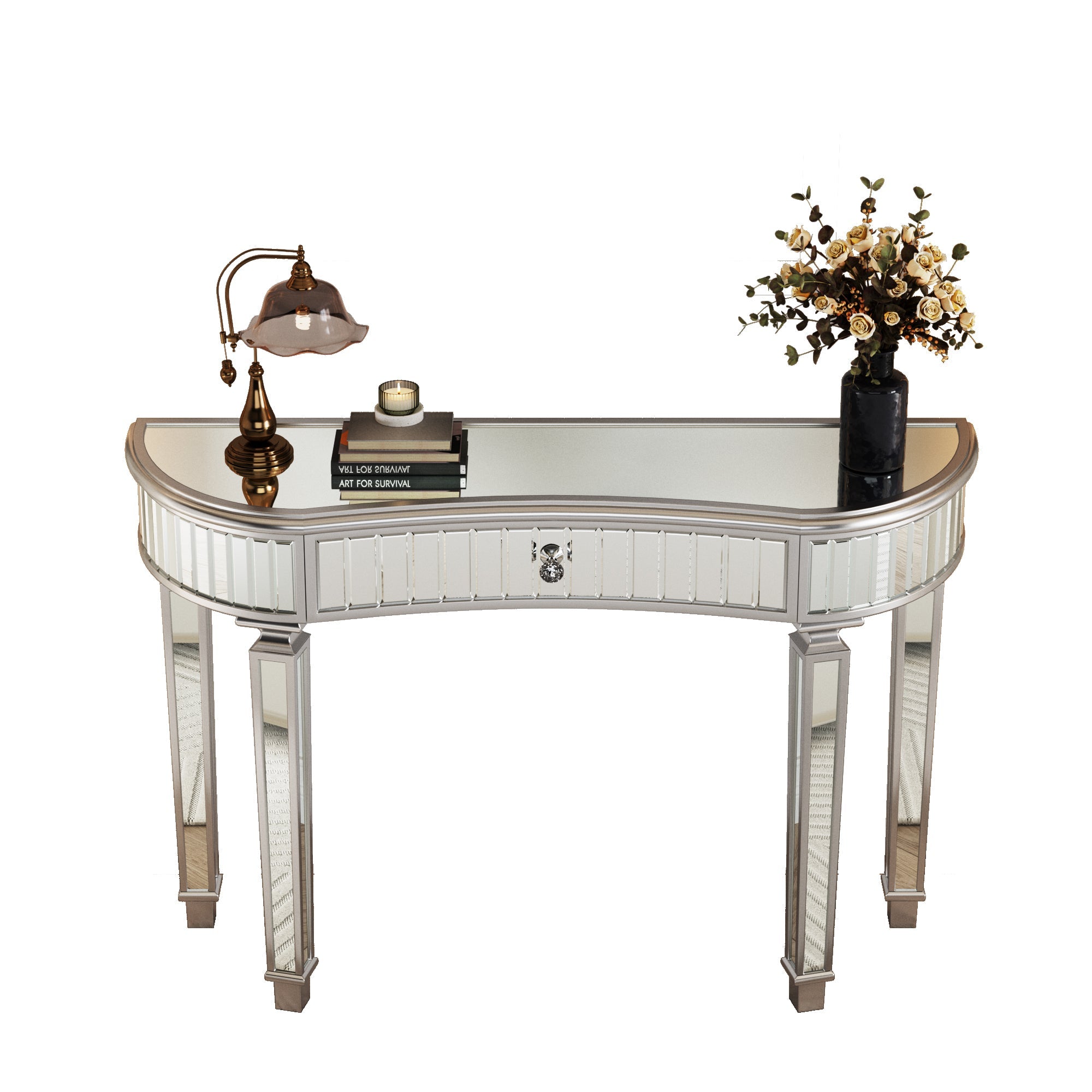 47' Half-Moon Mirrored Console Table with Fluted Glass & Crystal Knob Drawer - Silver Entryway Vanity Desk for Bedroom/Dressing Room(Grey+Sliver)
