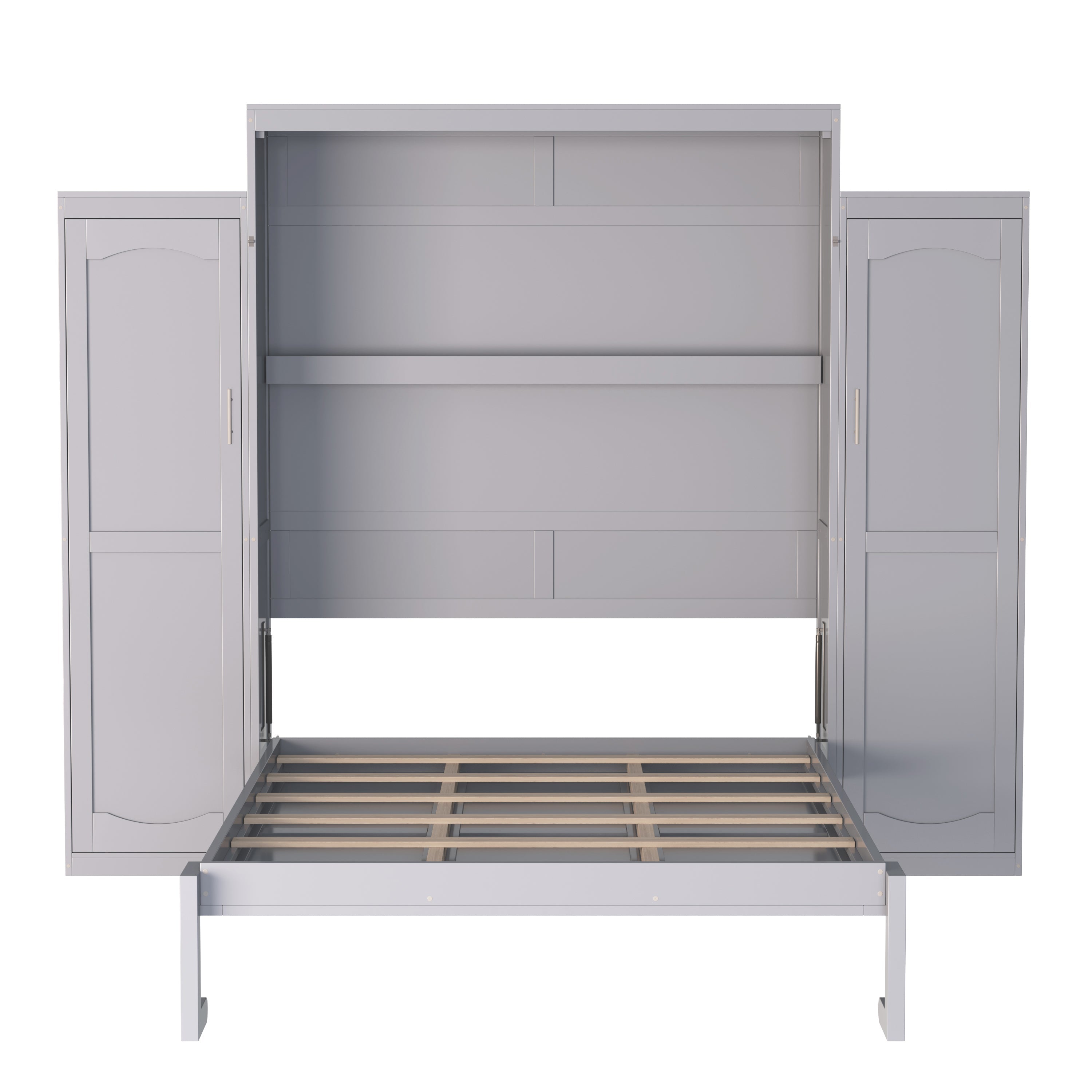 Queen Size Murphy Bed, Wooden Queen Wall Bed with 2 Wardrobe and Storage Shelf, Multifunctional Foldable Platform Bedframe for Guest-Room, Bedroom, Gray