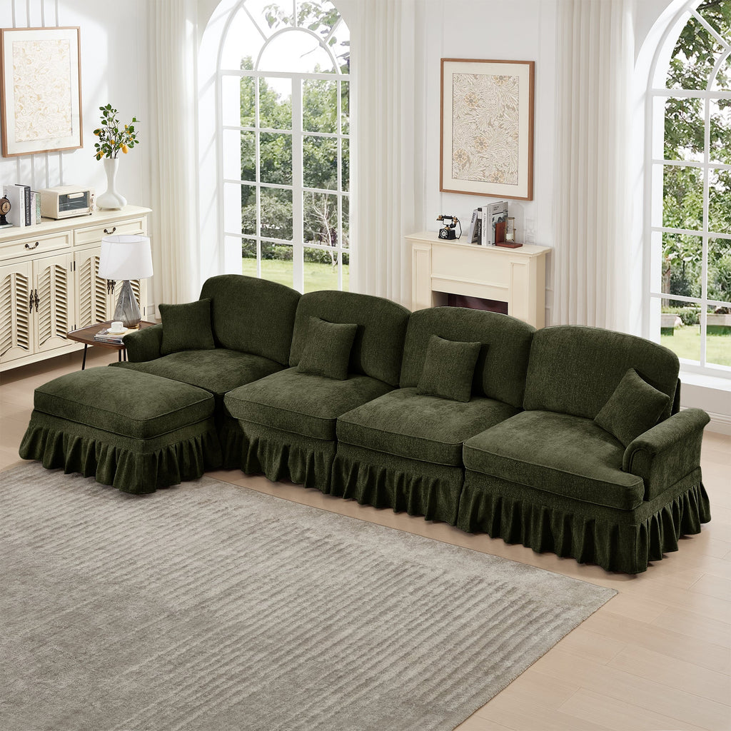 Classic Three Seater Modular L Shaped Sectional Couch with Flared Arms and Removable Ruffles Pleats Skirts and Spindle Legs, Comfy Chenille Four-Seat Deep Seat Sofa with Movable Ottoman, Green