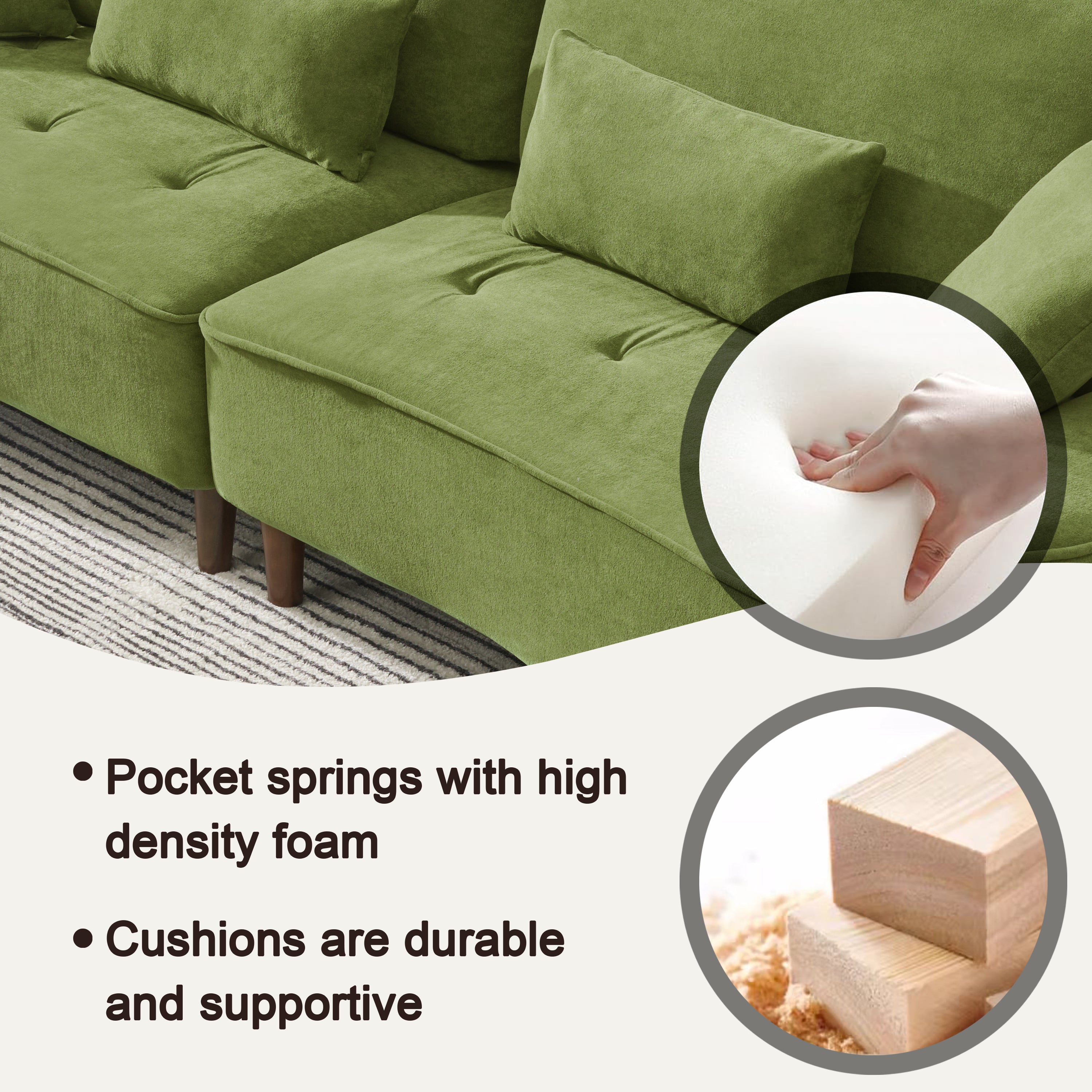 Cloud Velvet Deep Seated Sofa with Pillows, Green, Foam, 103 Inch