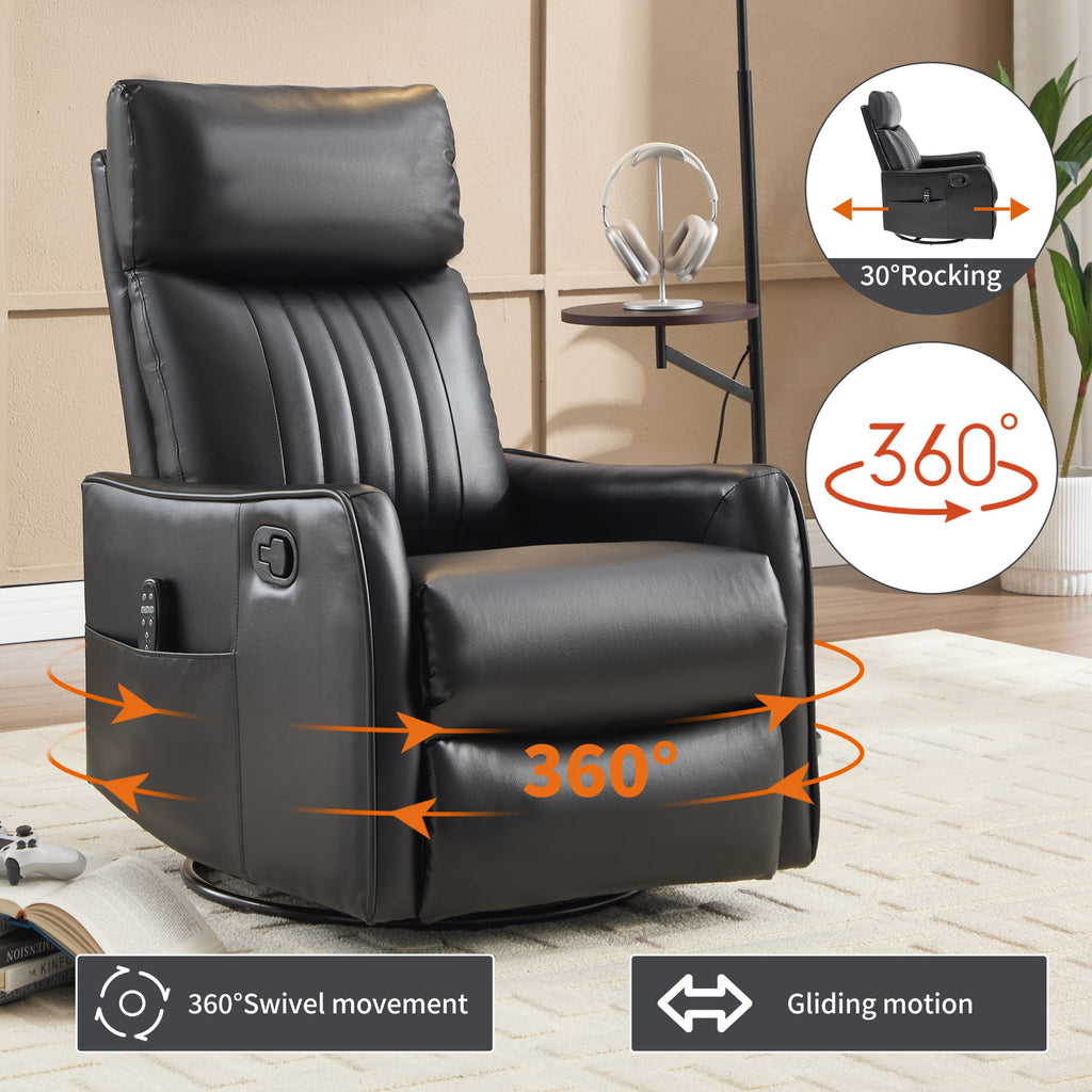 Black Faux Leather Heat Massage Manual Recliner Chair with Rocker and Swivel for Living Room