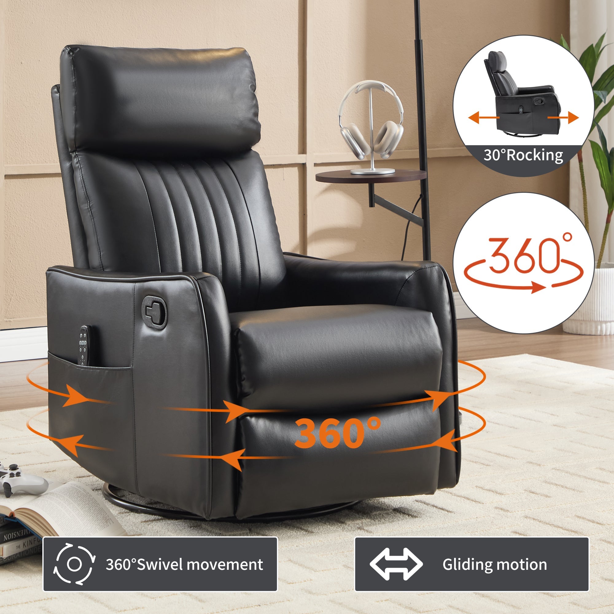 Black Faux Leather Heat Massage Manual Recliner Chair with Rocker and Swivel for Living Room
