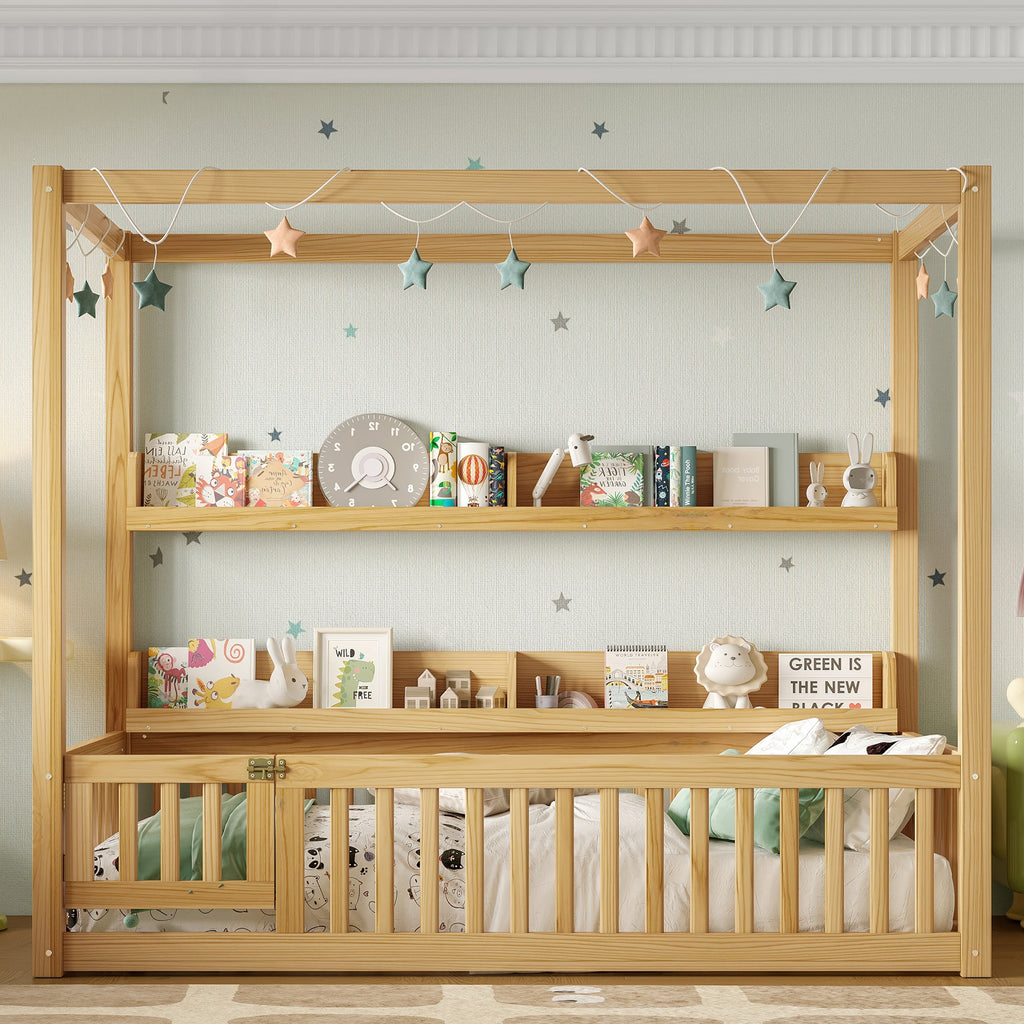 Twin Size Canopy Bed with Guardrails, Solid Wood Floor Bed with Shelves, Montessori Floor Bed Frame for Kids, Boys, Girls, No Spring Box Needed, Natural