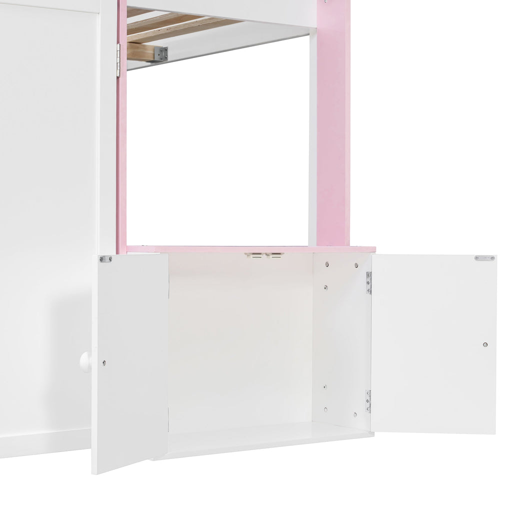 Full Loft House Bed with Playhouse & Storage, Modern Wood Cabin Bed for Kids/Teens, White+Pink