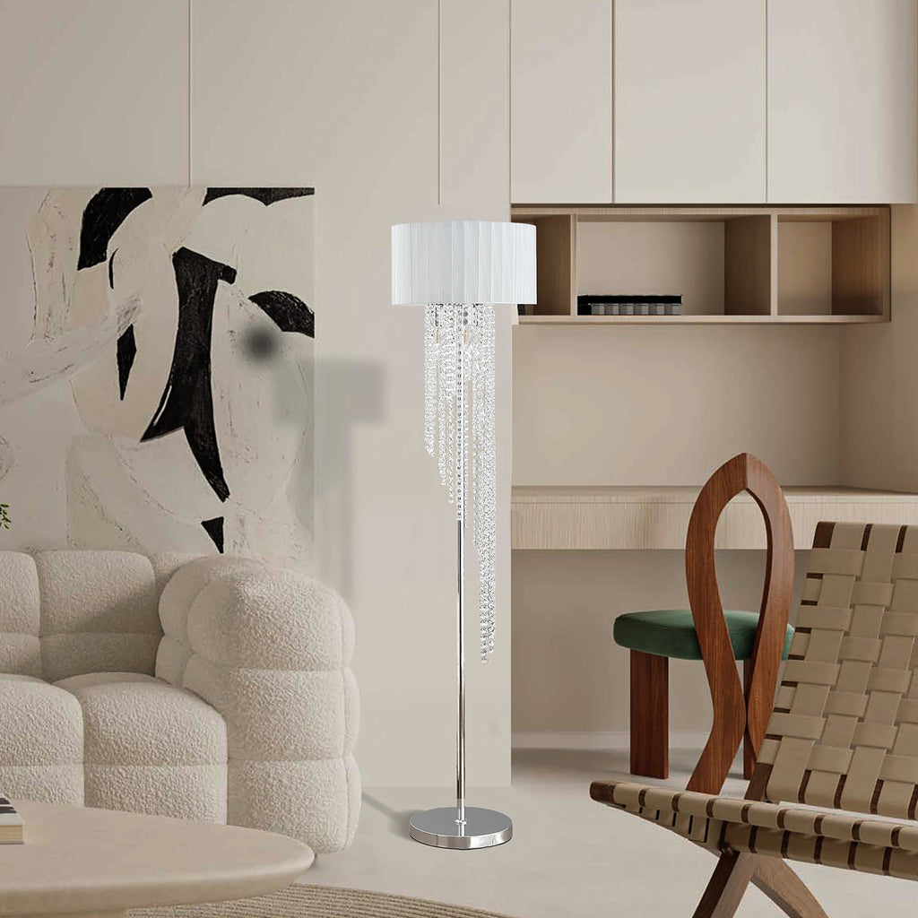 65.75'H Sheer White Drum Shade Rain Crystal Chrome Metal Floor Lamp for Living Room, Standing Lamp for Bedroom