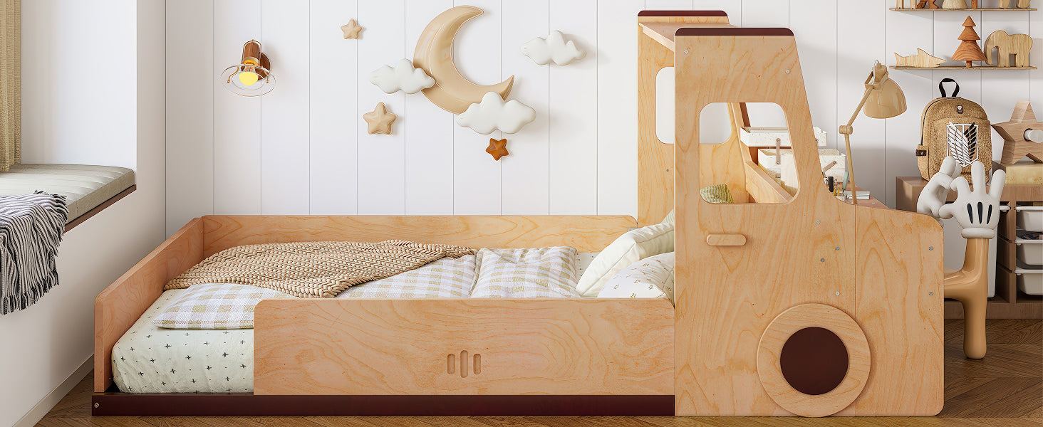 Full Size Floor Bed with Interesting Car-shape Design, Kids Car Floor Bed with Storage Drawers, Window, and Desk, Childlike Design, Natural