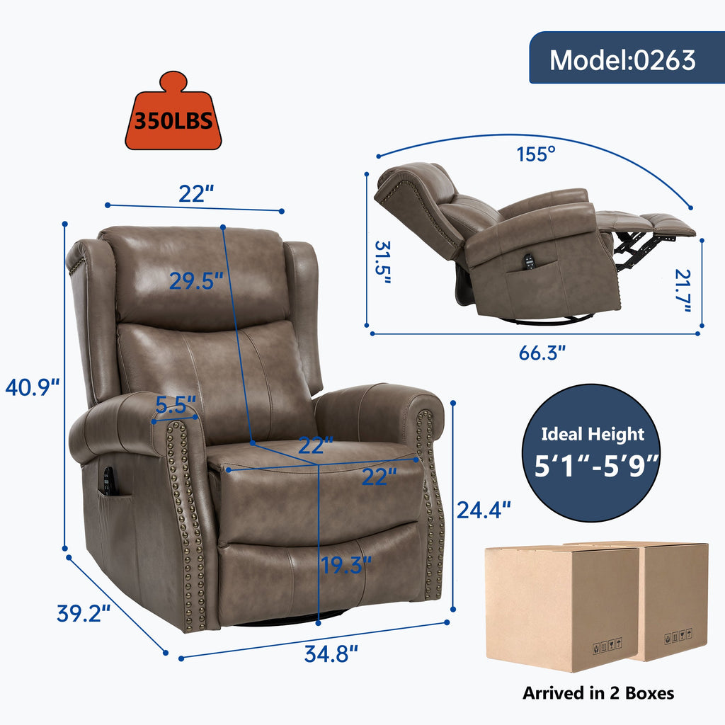 Heat Massage Manual Recliner Chair with Rocker and Swivel in Genuine leather for Living Room