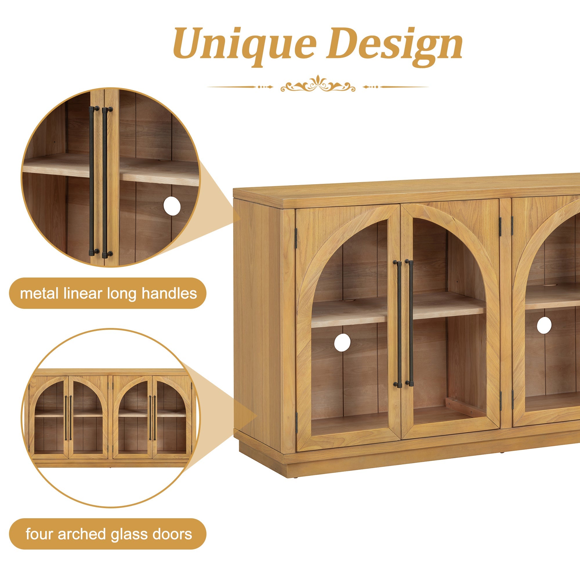 TREXM 4-Door Large Storage Sideboard Buffet Cabinet with Glass Doors, Arched Cabinet with Adjustable Shelves for Kitchen, Dining Room and Living Room (Natural Wood)
