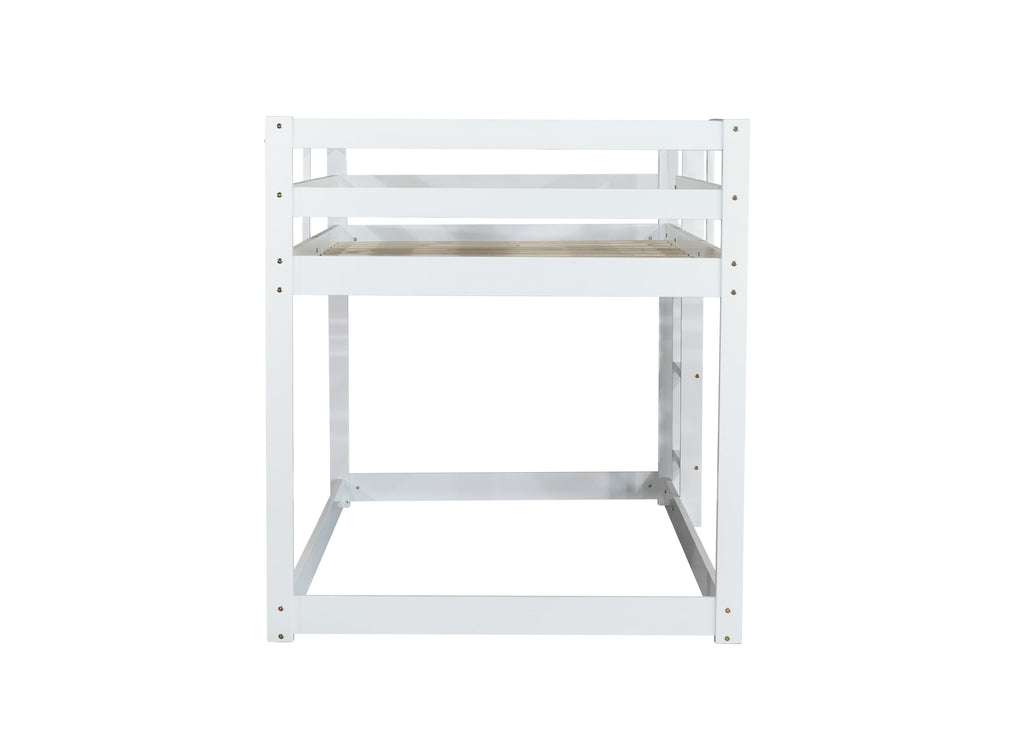 Solid Wooden, Solid Rubber Wooden Twin over Twin Floor Bunk Bed with Ladder, with Bed Platform of Strengthened Slats,White