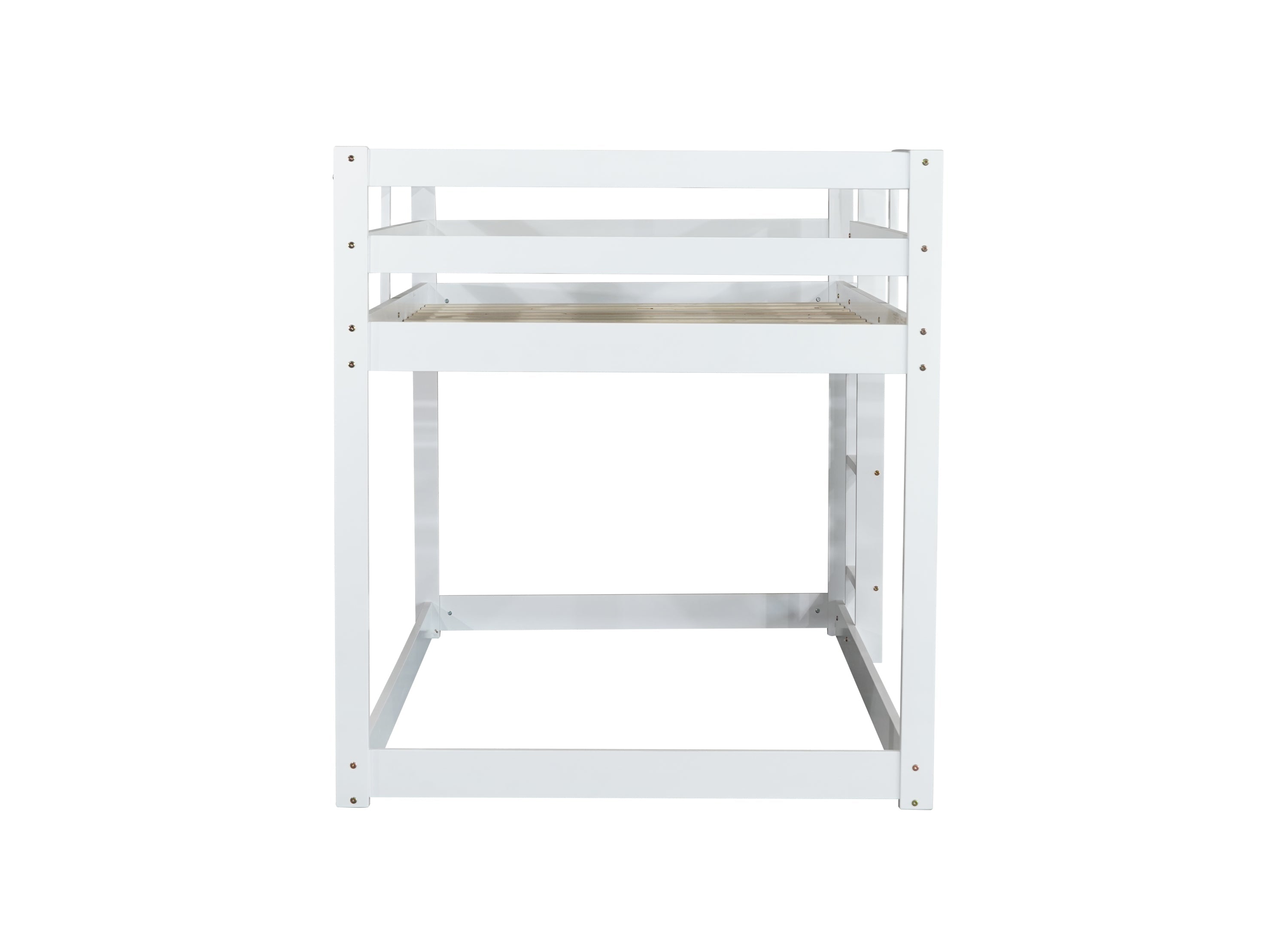 Solid Wooden, Solid Rubber Wooden Twin over Twin Floor Bunk Bed with Ladder, with Bed Platform of Strengthened Slats,White