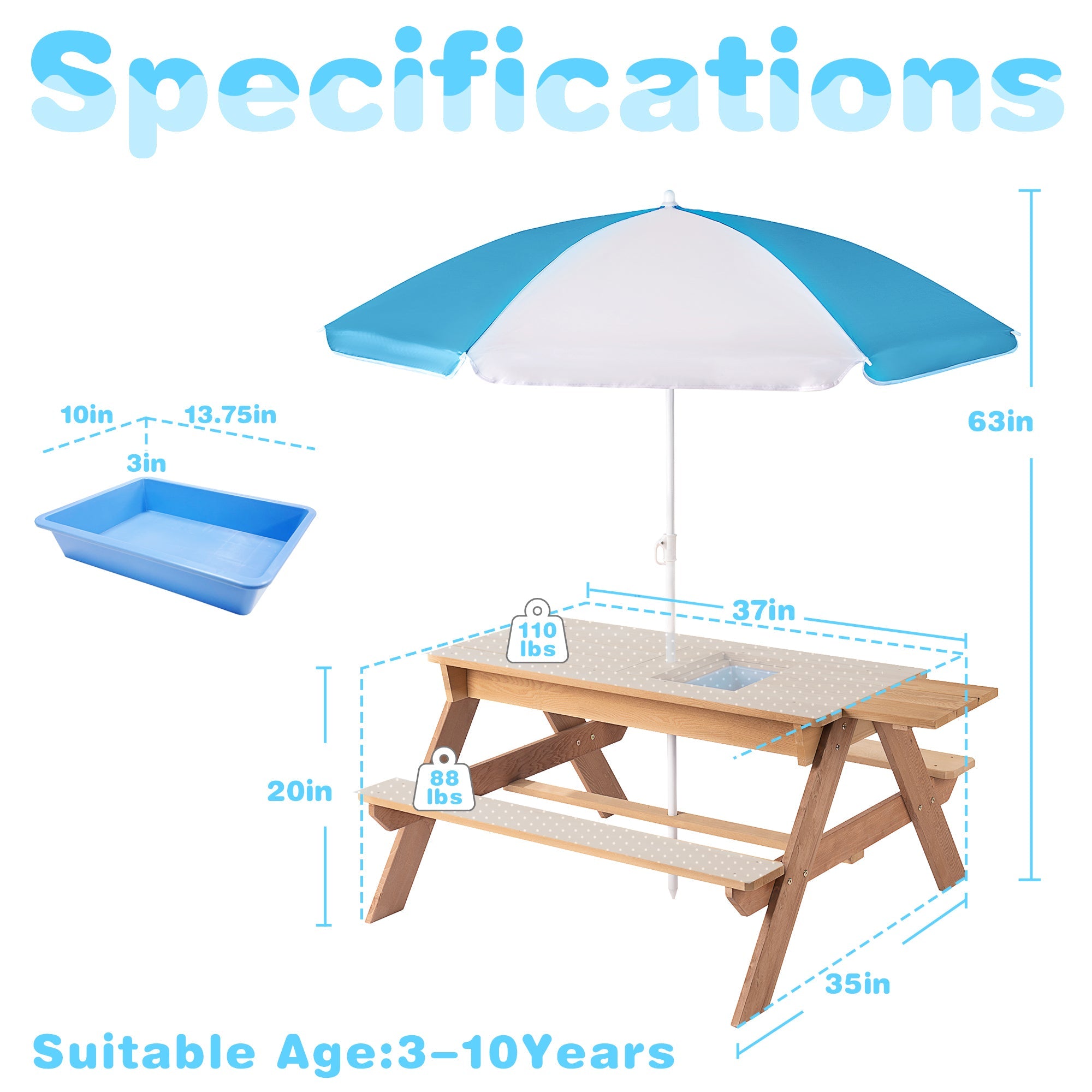 D-road 3-in-1 Kids Outdoor Wooden Picnic Table with Adjustable Umbrella and Convertible Sand & Water Activity, Gray, Solid Cedar Wood