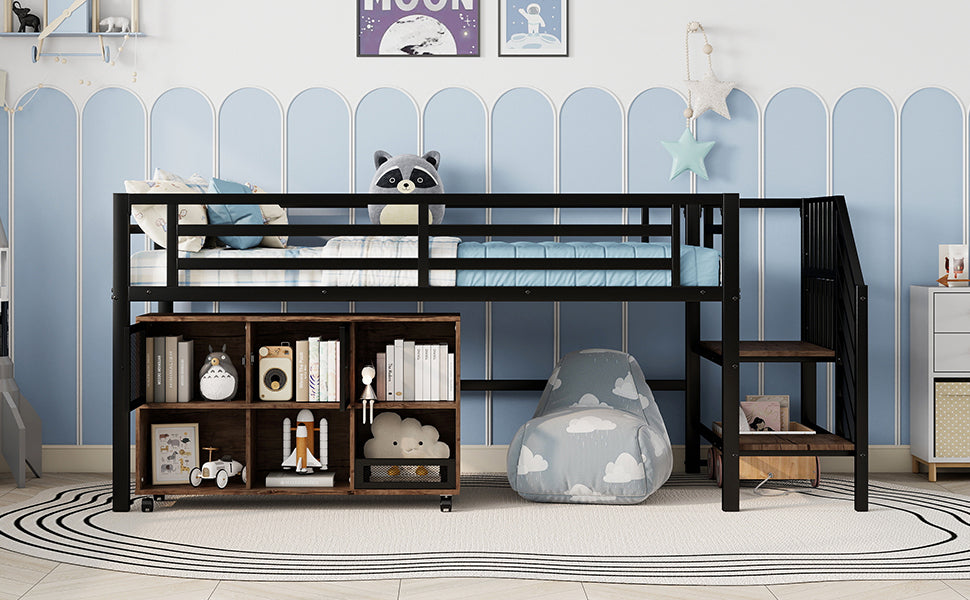 Twin Metal Loft Bed with Storage Cubby, Low Metal Loft Bed with Stairs for Kids, Black, Expect Arrival Date 2025/11/10