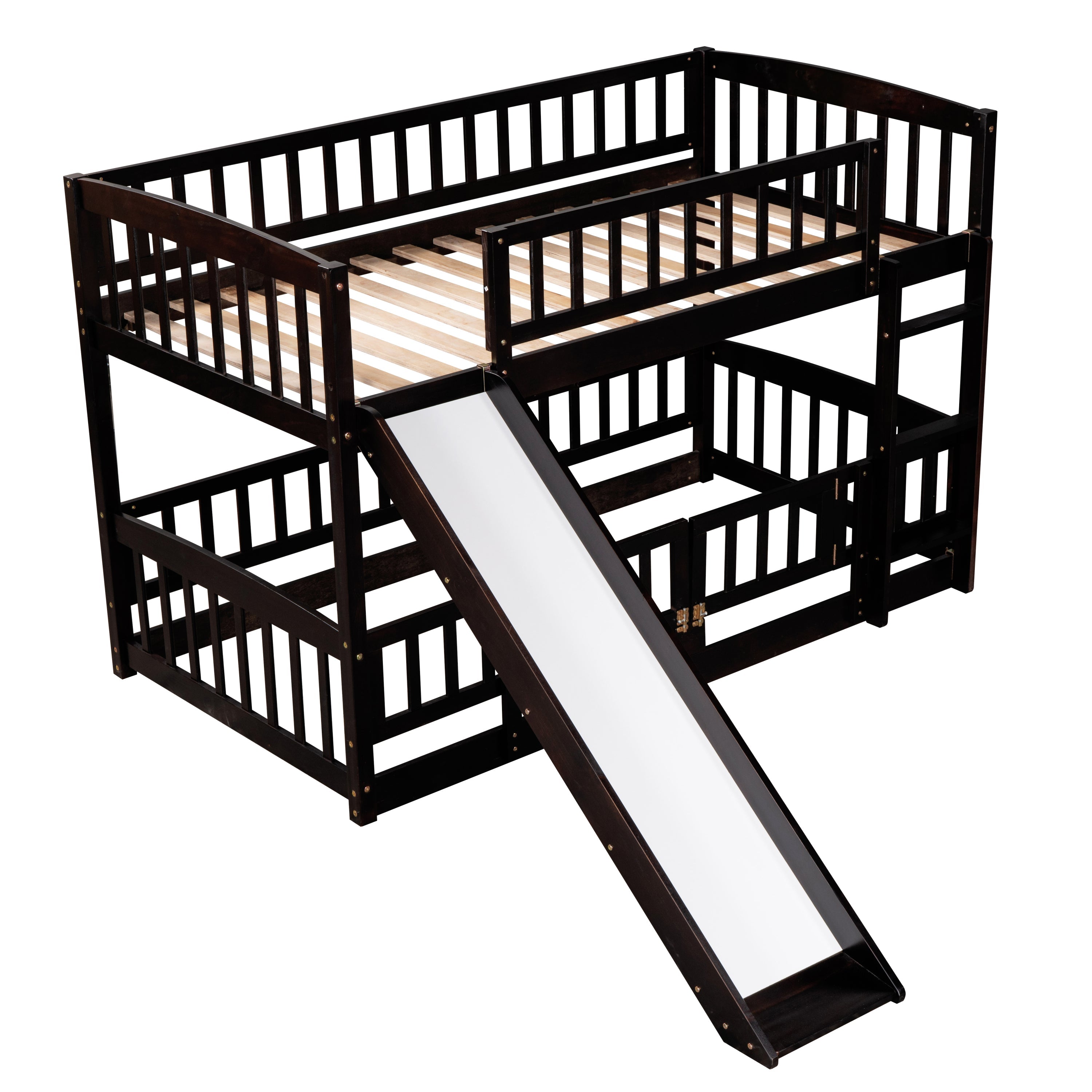 Bunk Bed with Slide,Twin Over Twin Low Bunk Bed with Fence and Ladder for Kids Teens Espresso