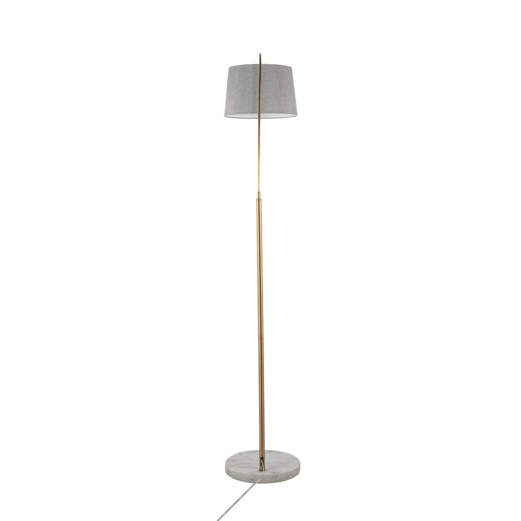 March Contemporary Floor Lamp in White Marble and Antique Brass Metal with Grey Linen Shade by LumiSource