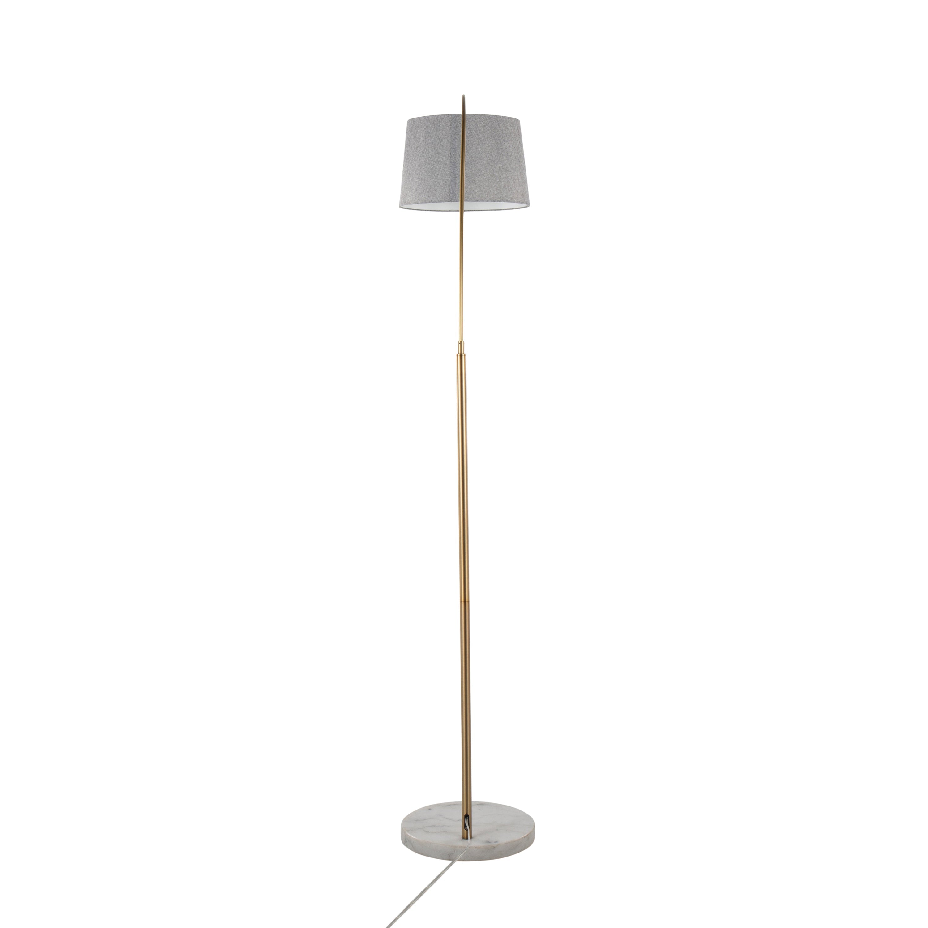 March Contemporary Floor Lamp in White Marble and Antique Brass Metal with Grey Linen Shade by LumiSource