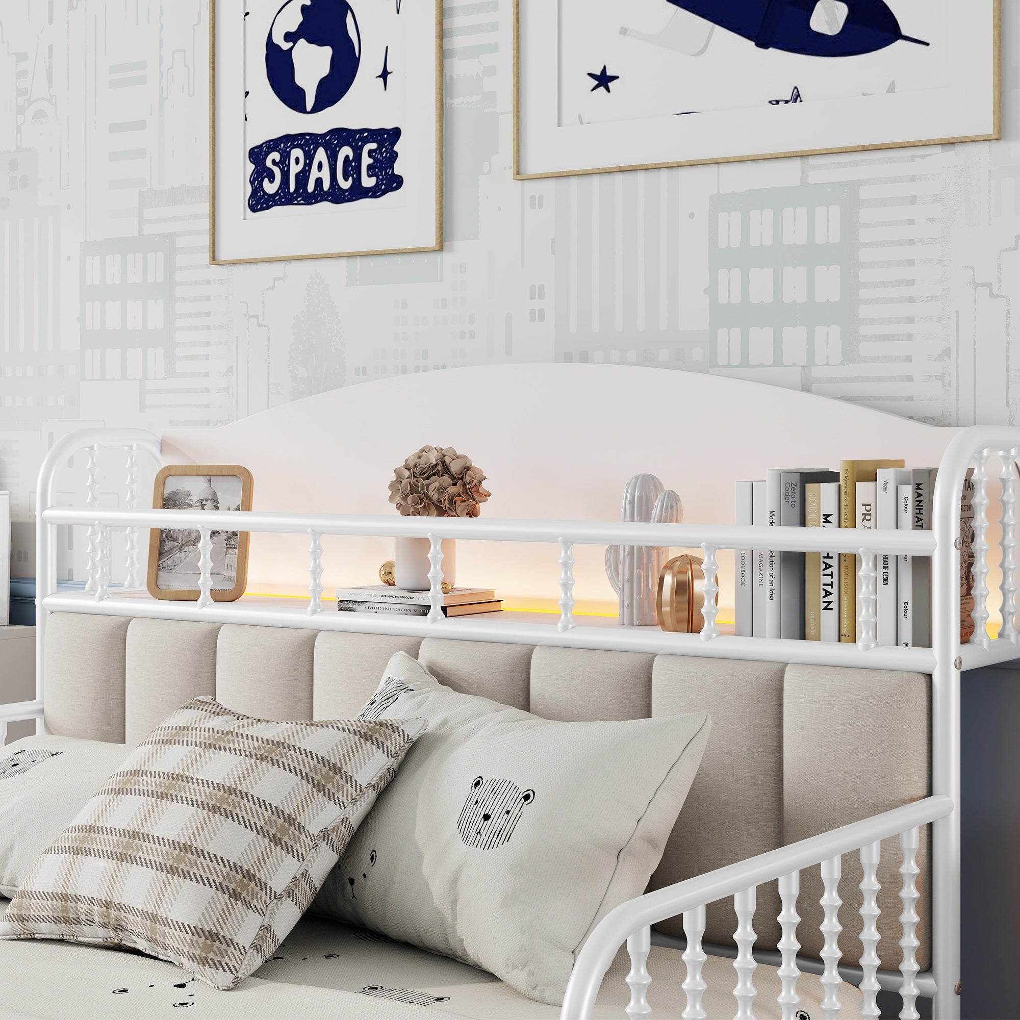 Full Size Metal Platform Bed Frame with Light, Kids Full Metal Bed with Upholstered and Storage Headboard, White (Expect Arrival Date 2025/10/5)