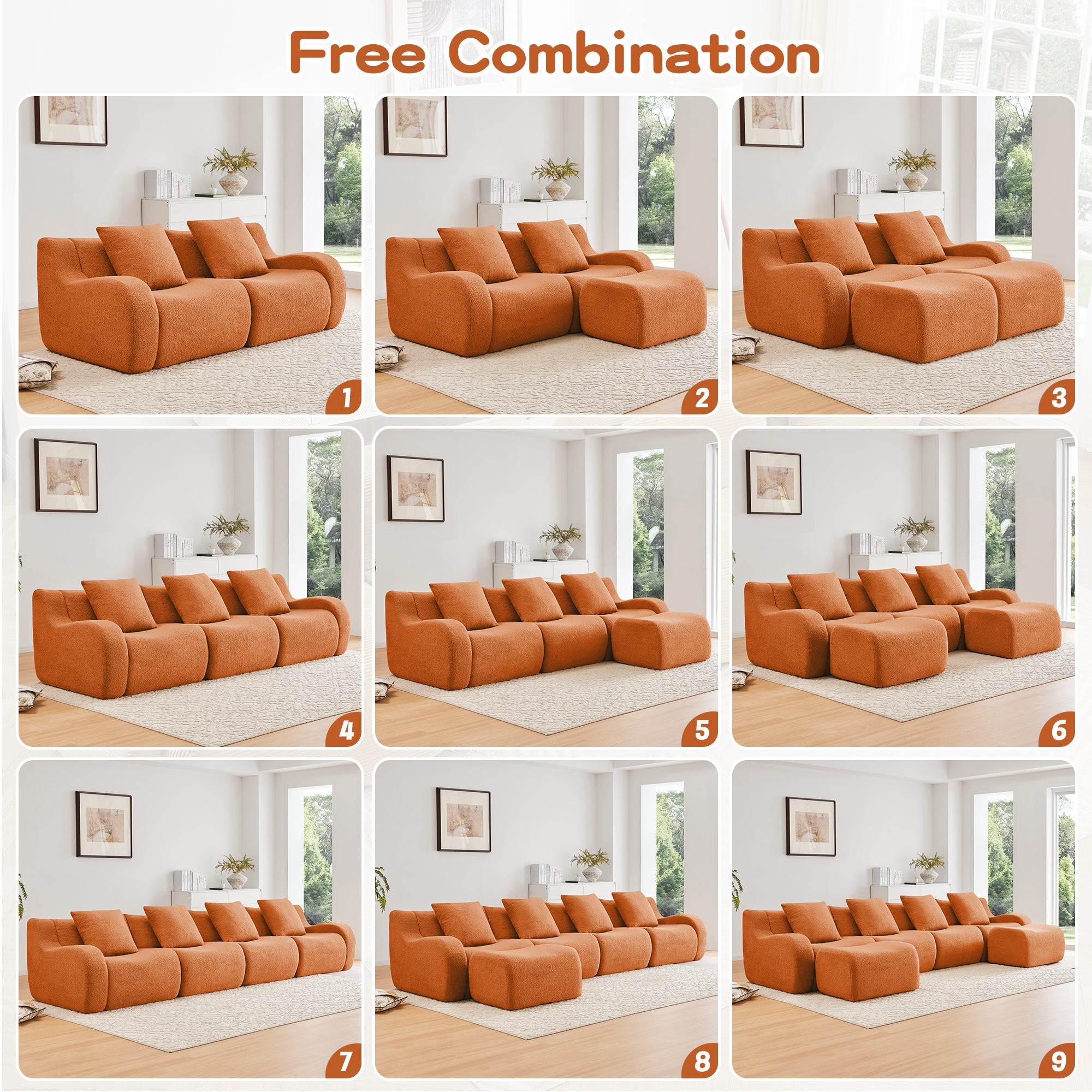 U-Shaped Boneless Sofa,Teddy Fabric No assembly required Curved armrest,Anti-slip Design,Streamlined Design 32D High Density Sponge,Full Compression Vacuum Packag,For Studies living Rooms,Orange
