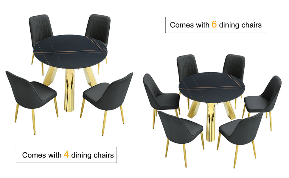 The 42-inch stainless steel gold-plated flamed granite round table with seating for 4 or 6 people is perfect for dining, entertaining, or as a conference table