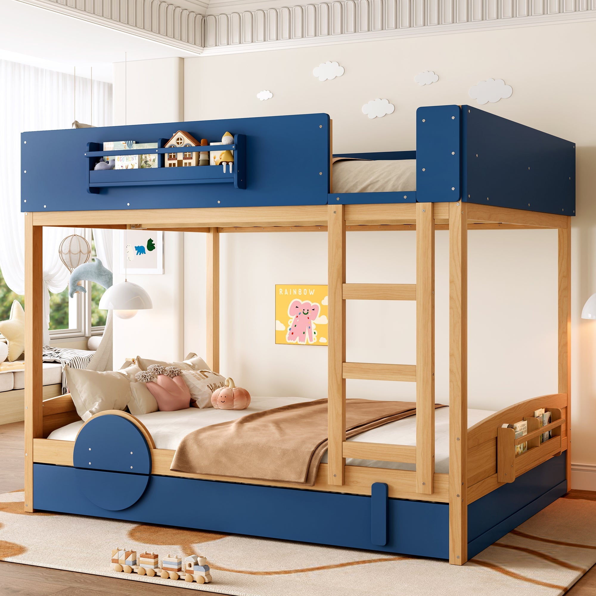 Queen Bunk Bed with Trundle , Wood Bunk Bed Frame with Built-in Bookshelf and High-quality Safety Guardrail,Automobile Form Design for Kids ,Blue＆Natural