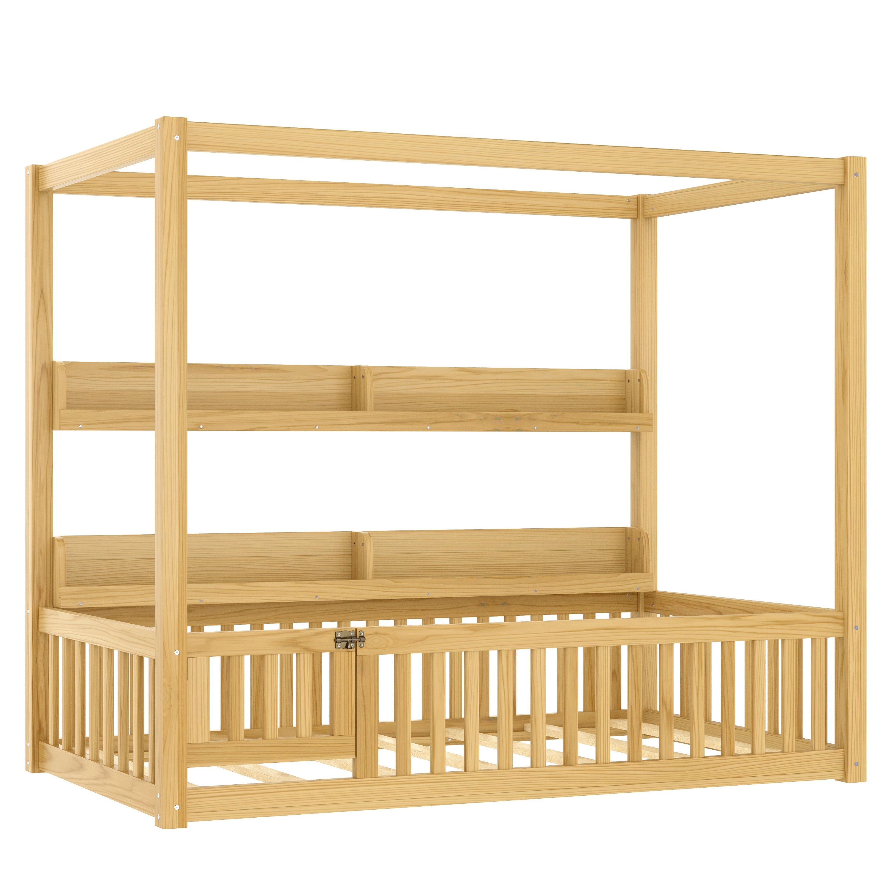 Twin Size Canopy Bed with Guardrails, Solid Wood Floor Bed with Shelves, Montessori Floor Bed Frame for Kids, Boys, Girls, No Spring Box Needed, Natural