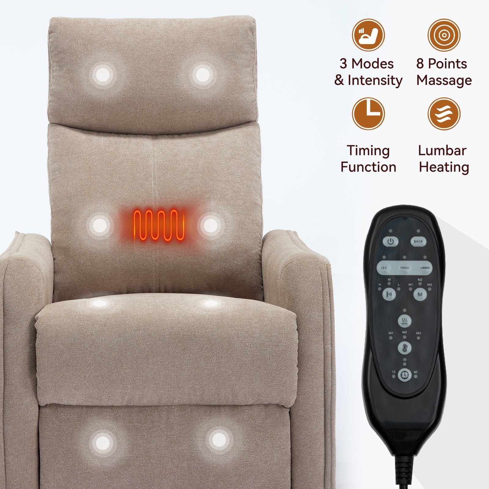 Heat Massage Manual Recliner Chair with Rocker and Swivel in Fabric for Living Room, Khaki