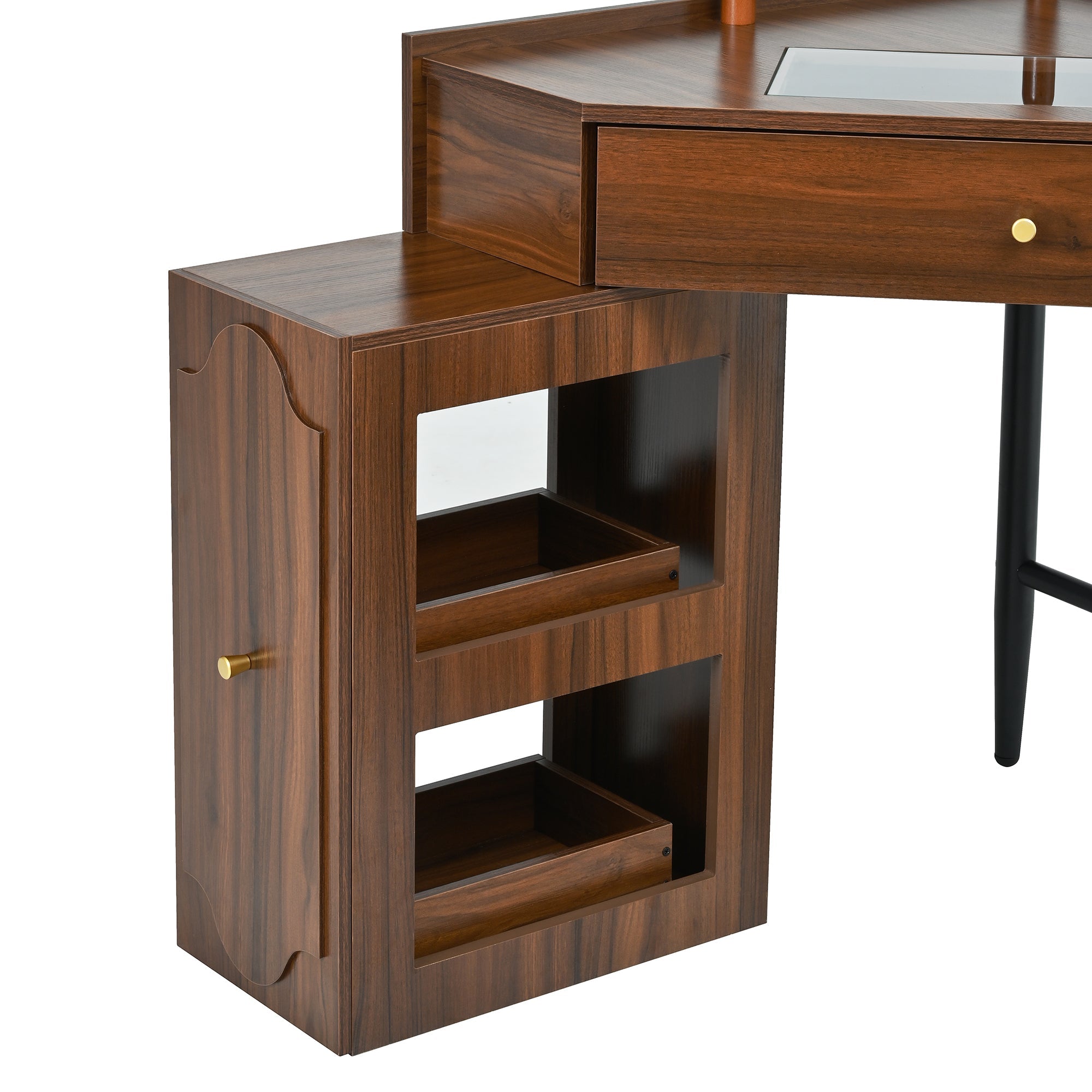 Corner Vanity Desk Set with Storage Cushioned Stool and Charging Station, Triangle Makeup Desk with Removable Pull-Out Side Cabinet, Glass Tabletop Makeup Vanity Desk with Drawer and Shelf, Walnut