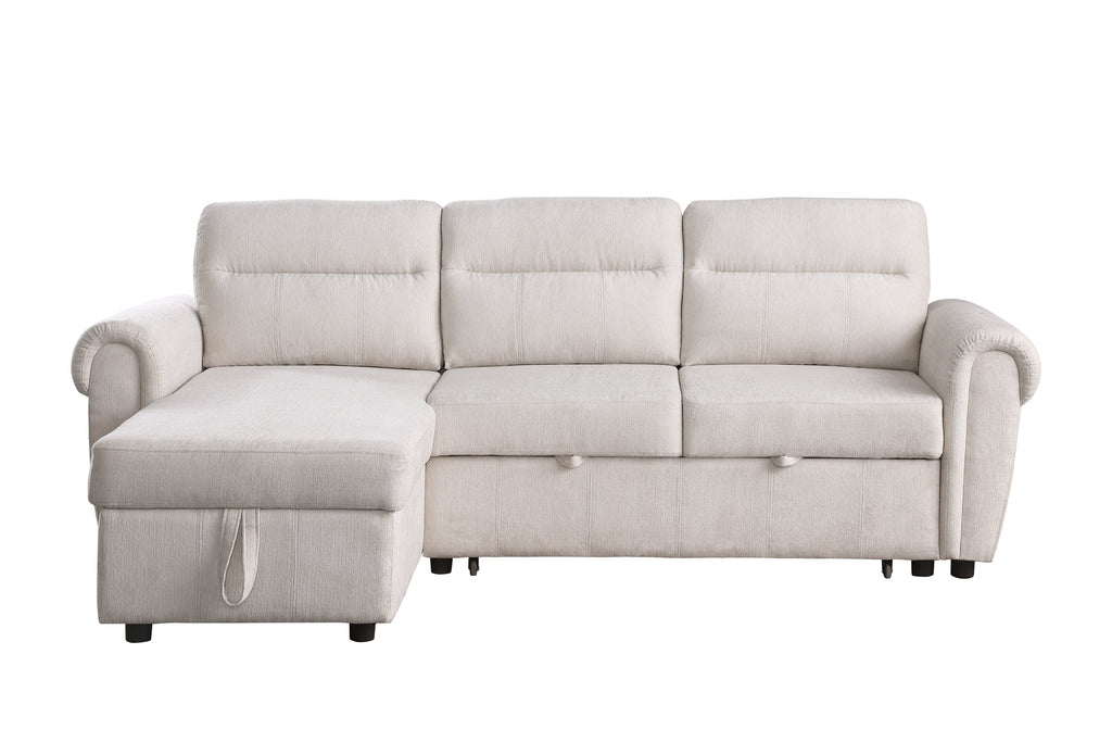 Hugo 97'W Beige Chenille Reversible Sleeper Sectional Sofa Chaise with USB Charger