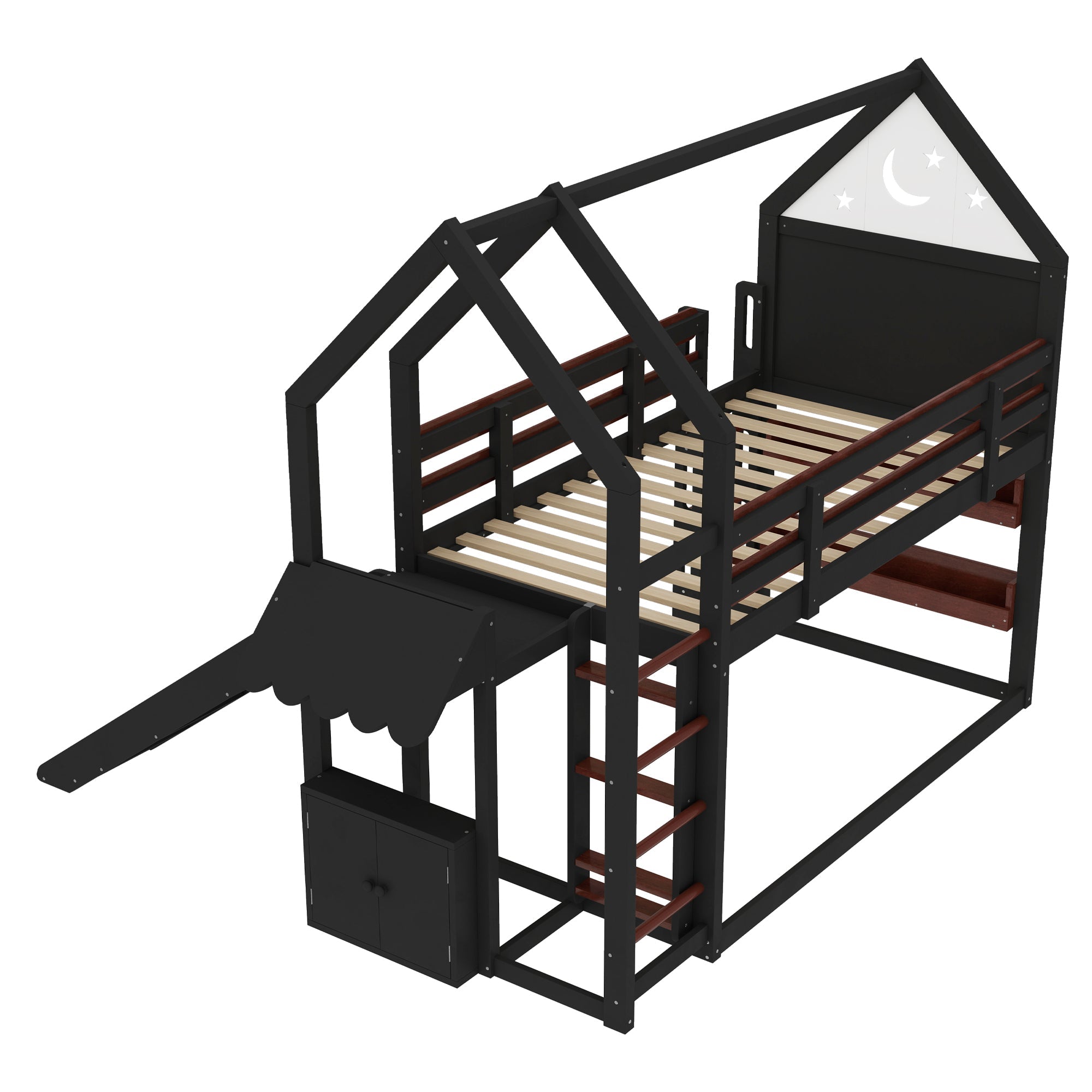 Twin Size Loft Bed with Bookshelf Playful Design for Kids House-Shaped Structure with Slide High-Quality Safety Rails,Beige/Natural /Black