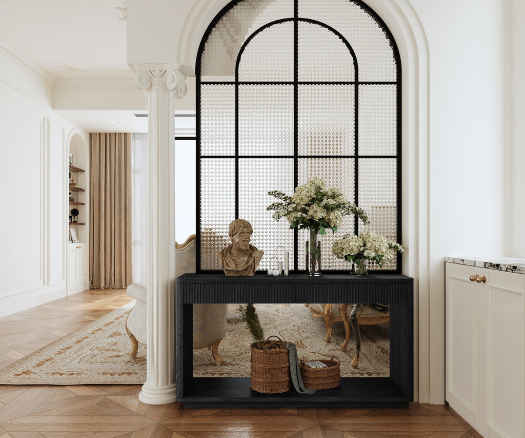 60' Modern 2-Drawer Fluted Console Table Natural Wood Veneer Sofa Table Behind Couch Table for Living Room, Hallway, Entryway, Home Office, Black