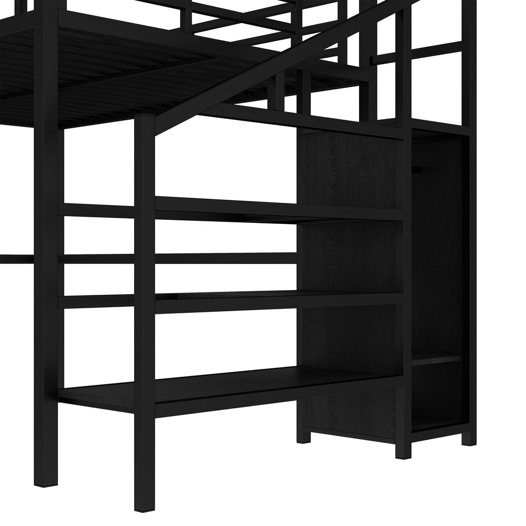 Queen Size Loft Bed with L-shaped Desk and USB, Metal Loft Bed with Wardrobe and Adjustable Shelf, High Loft Bed with LED for Kids Teens Adults, Black