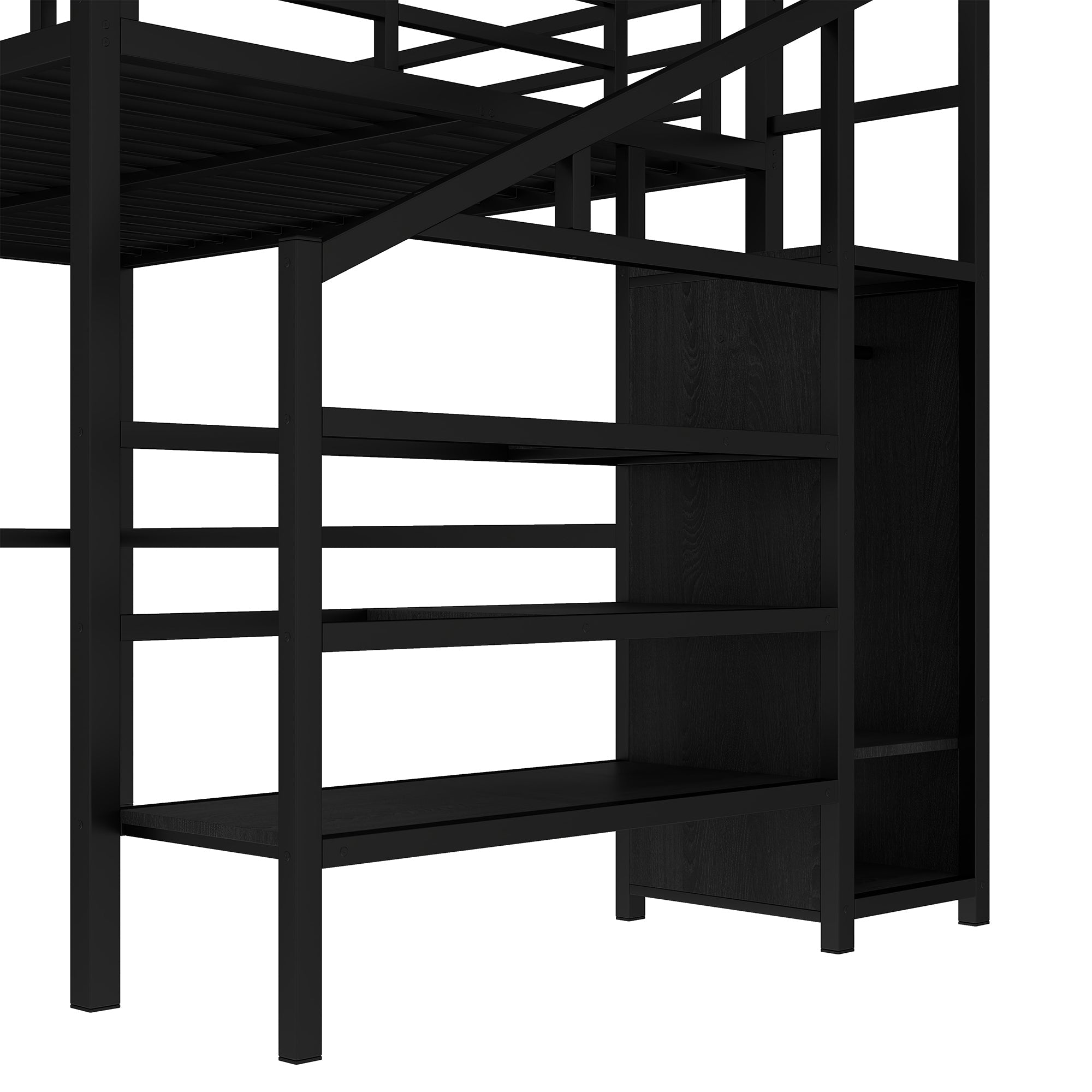 Queen Size Loft Bed with L-shaped Desk and USB, Metal Loft Bed with Wardrobe and Adjustable Shelf, High Loft Bed with LED for Kids Teens Adults, Black
